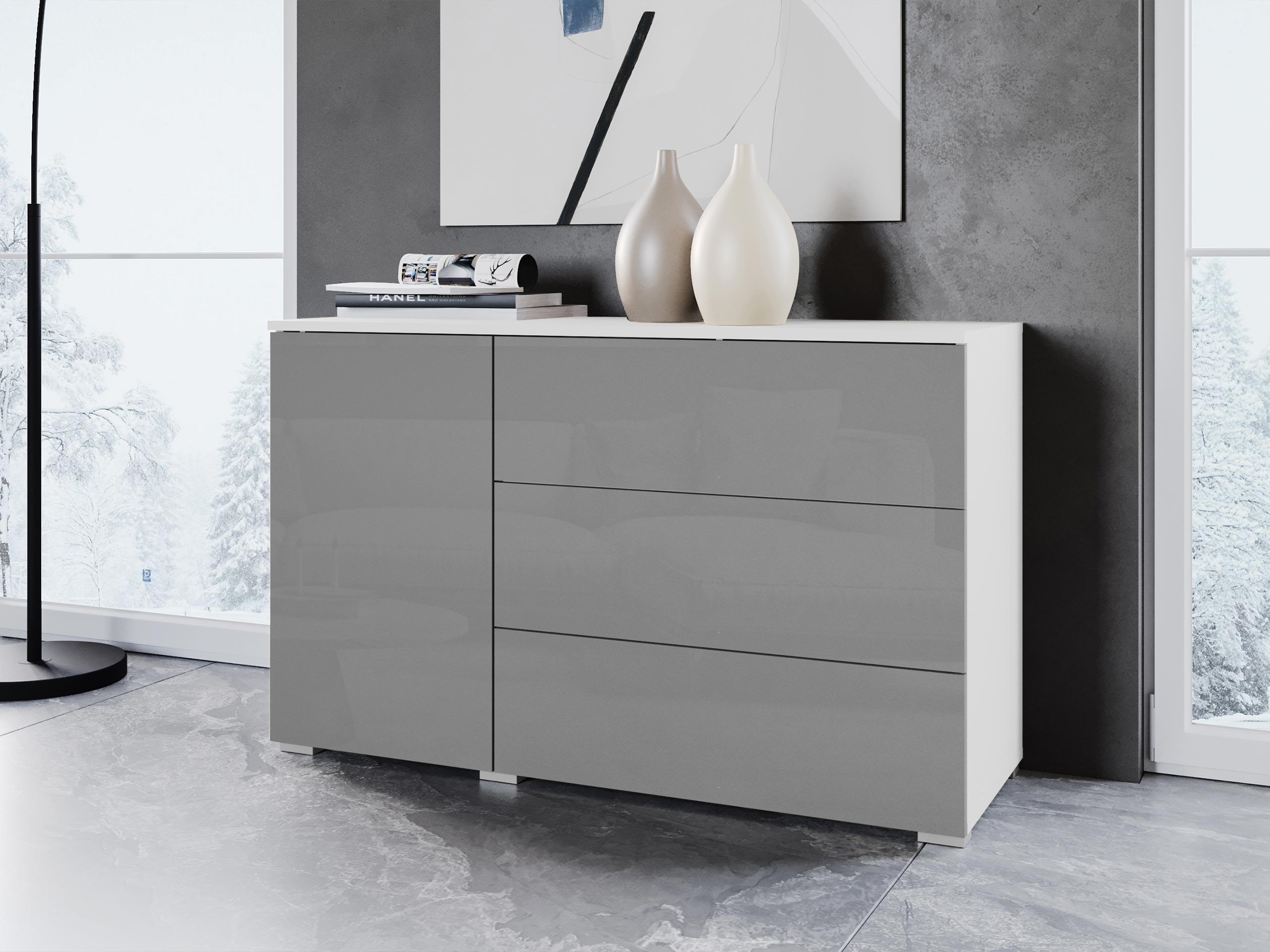 Kommoden Sarasota 128 (Weiß + Grau glänzend)