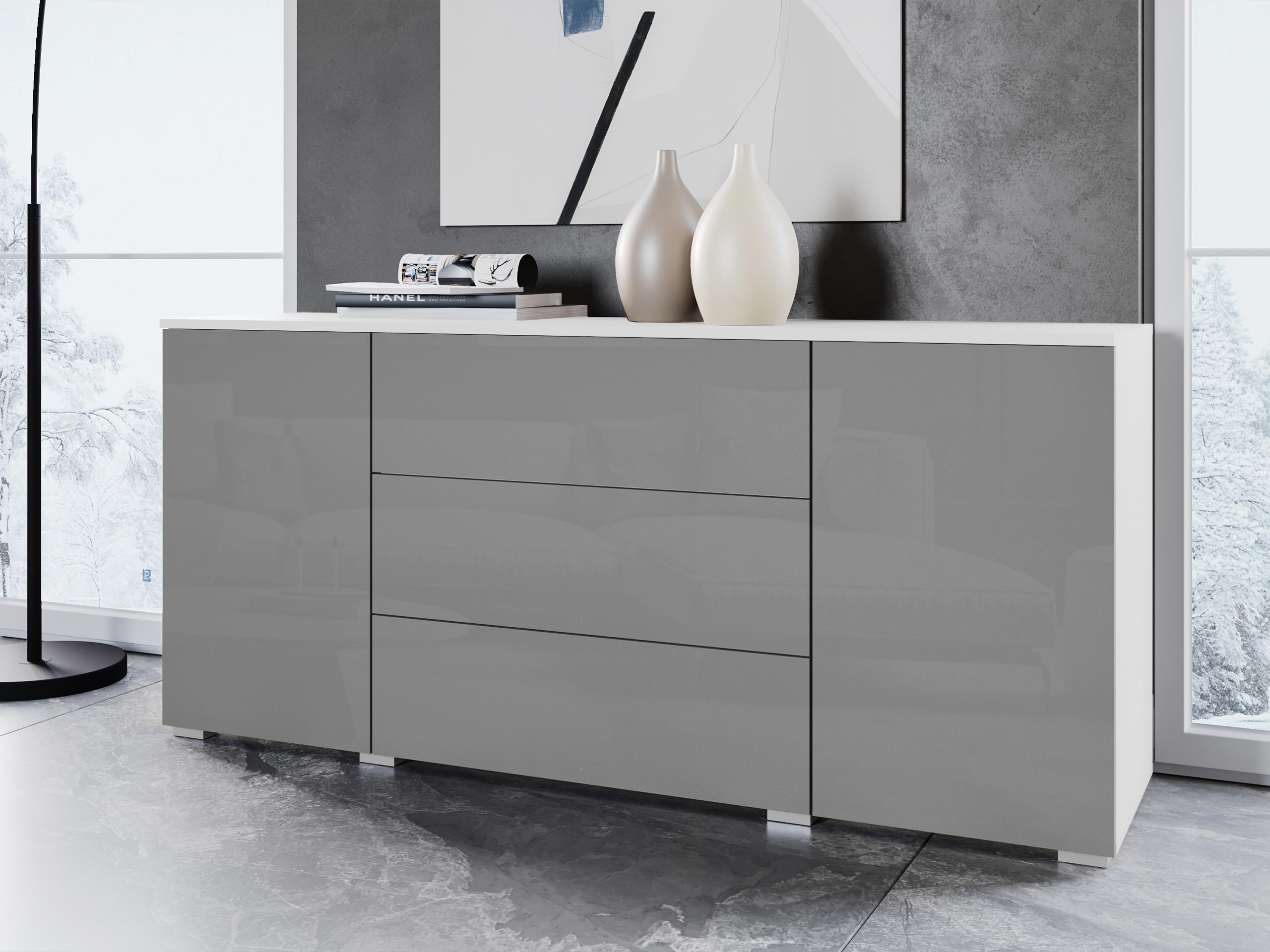 Kommoden Sarasota 129 (Weiß + Grau glänzend)