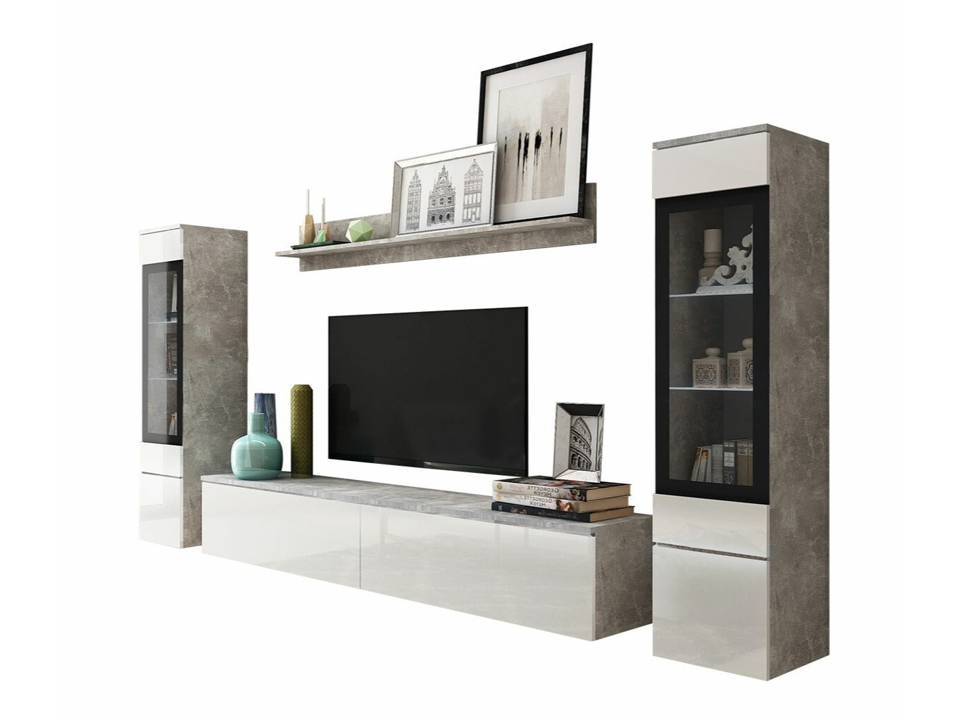 Wohnzimmer-Sets Mirfivo 101 (Beton + Weiß glänzend)