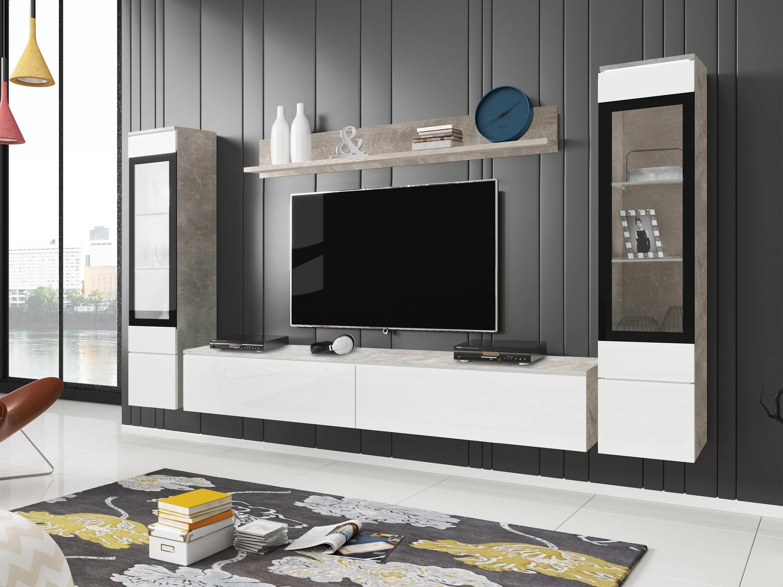 Wohnzimmer-Sets Sarasota 126 (Beton + Weiß glänzend)