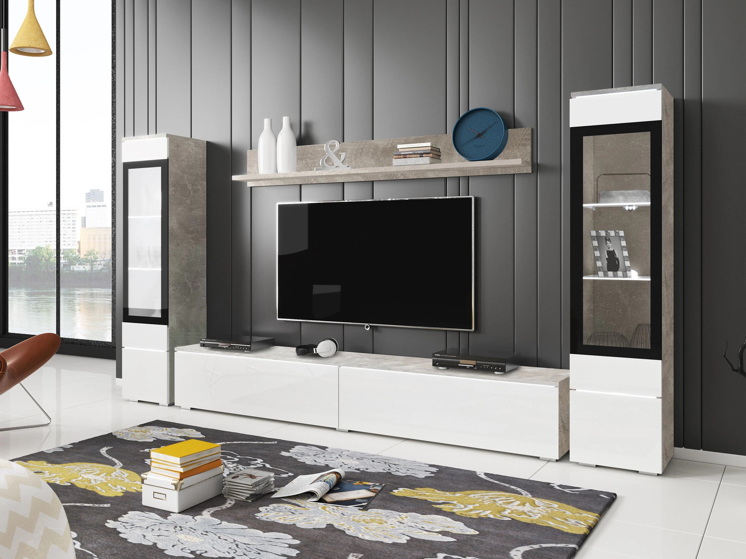 Wohnzimmer-Sets Sarasota 126 (Beton + Weiß glänzend)