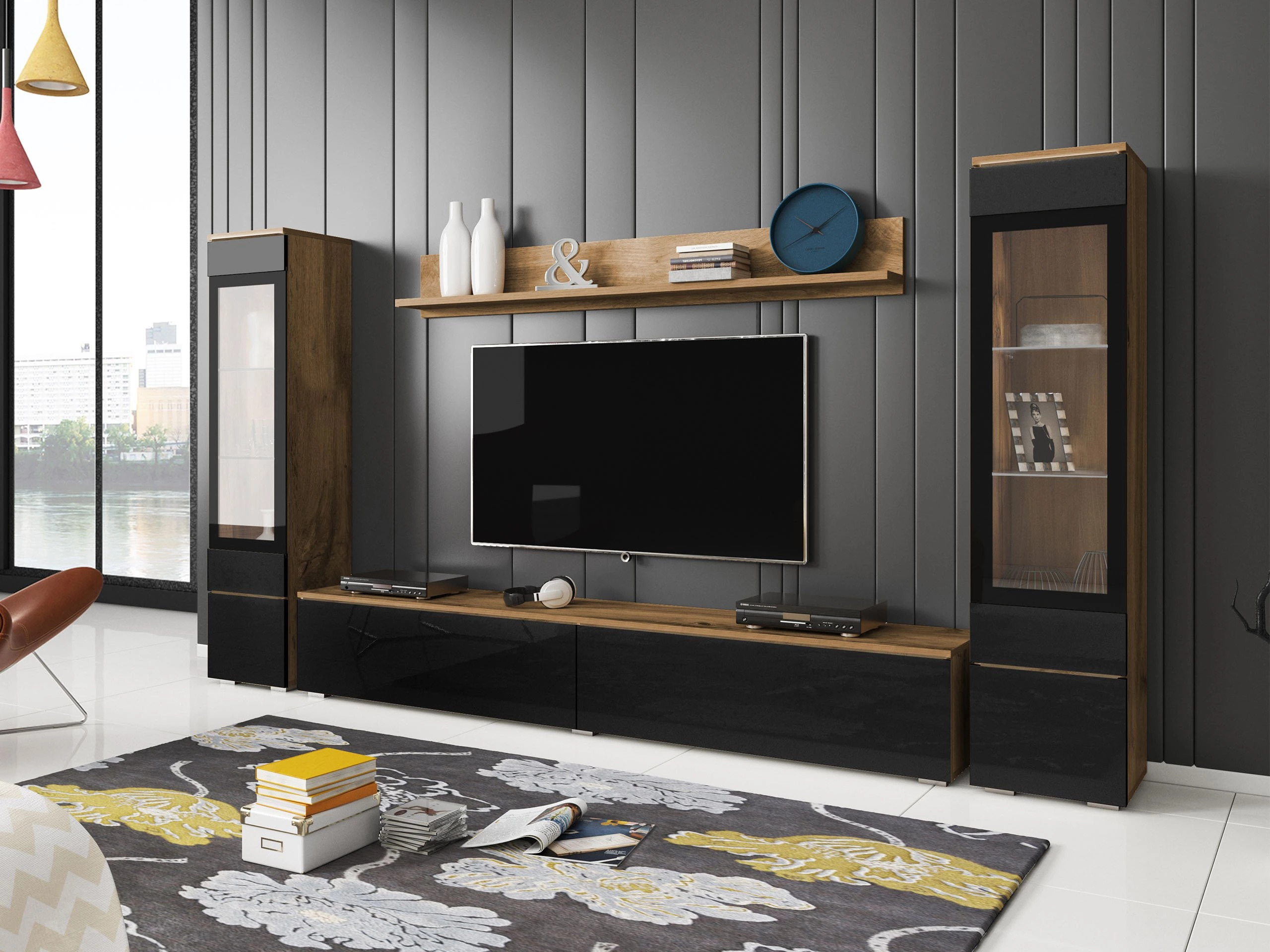 Wohnzimmer-Sets Sarasota 126 (Wotan Eiche + Schwarz glänzend)