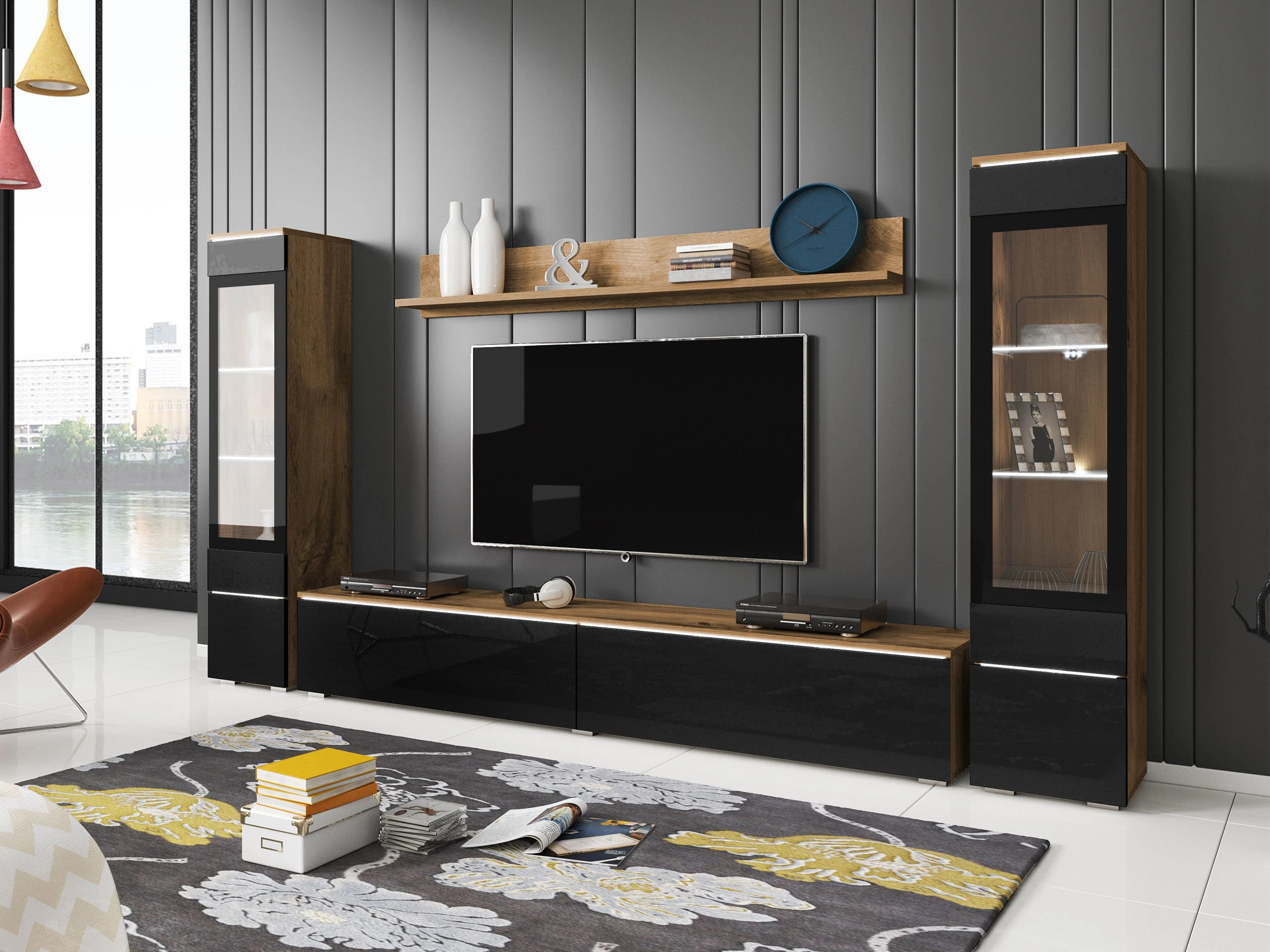 Wohnzimmer-Sets Sarasota 126 (Wotan Eiche + Schwarz glänzend)