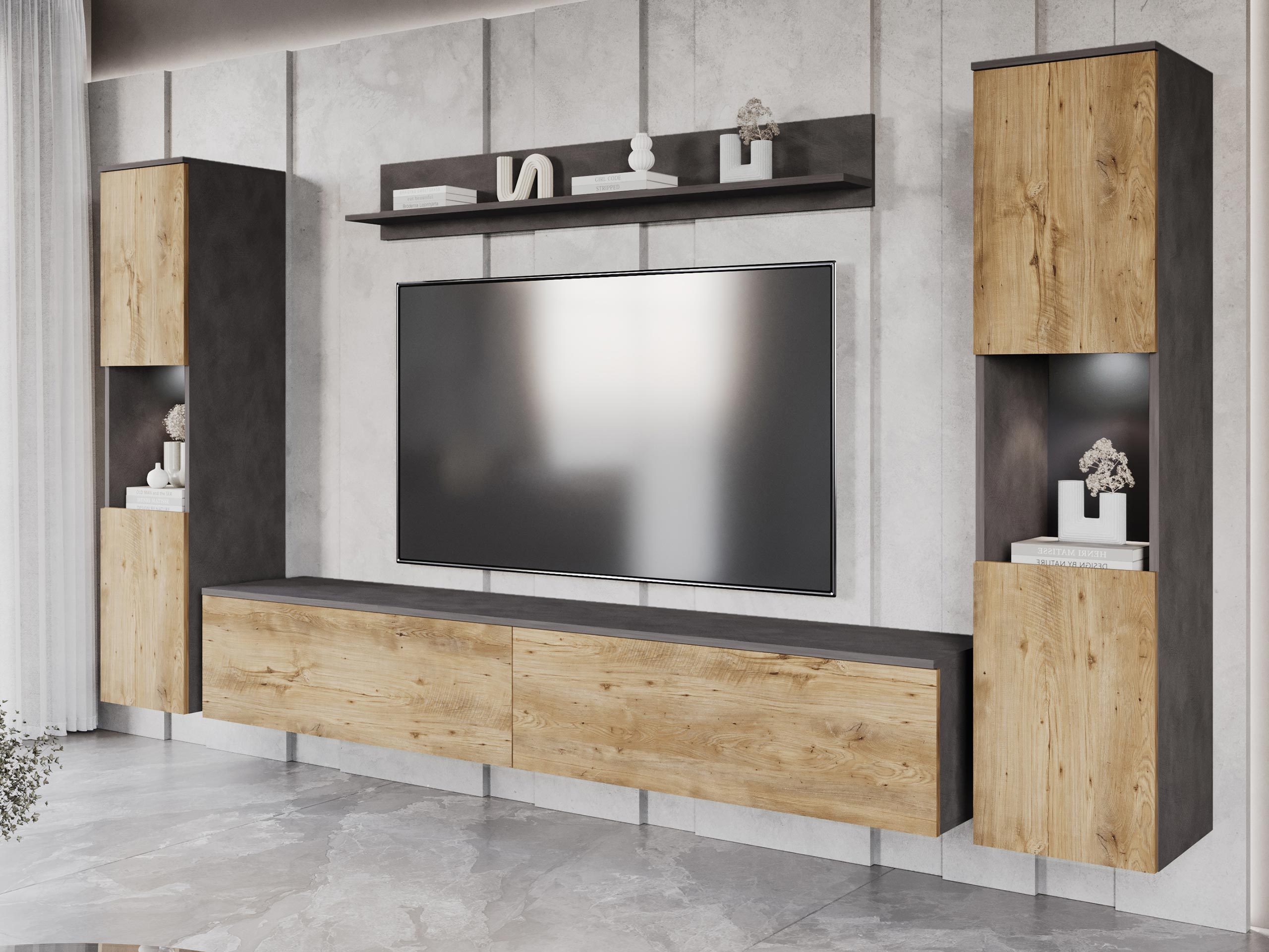 Wohnzimmer-Sets Sarasota 131 (Matera grau + Kastanienholzoptik)