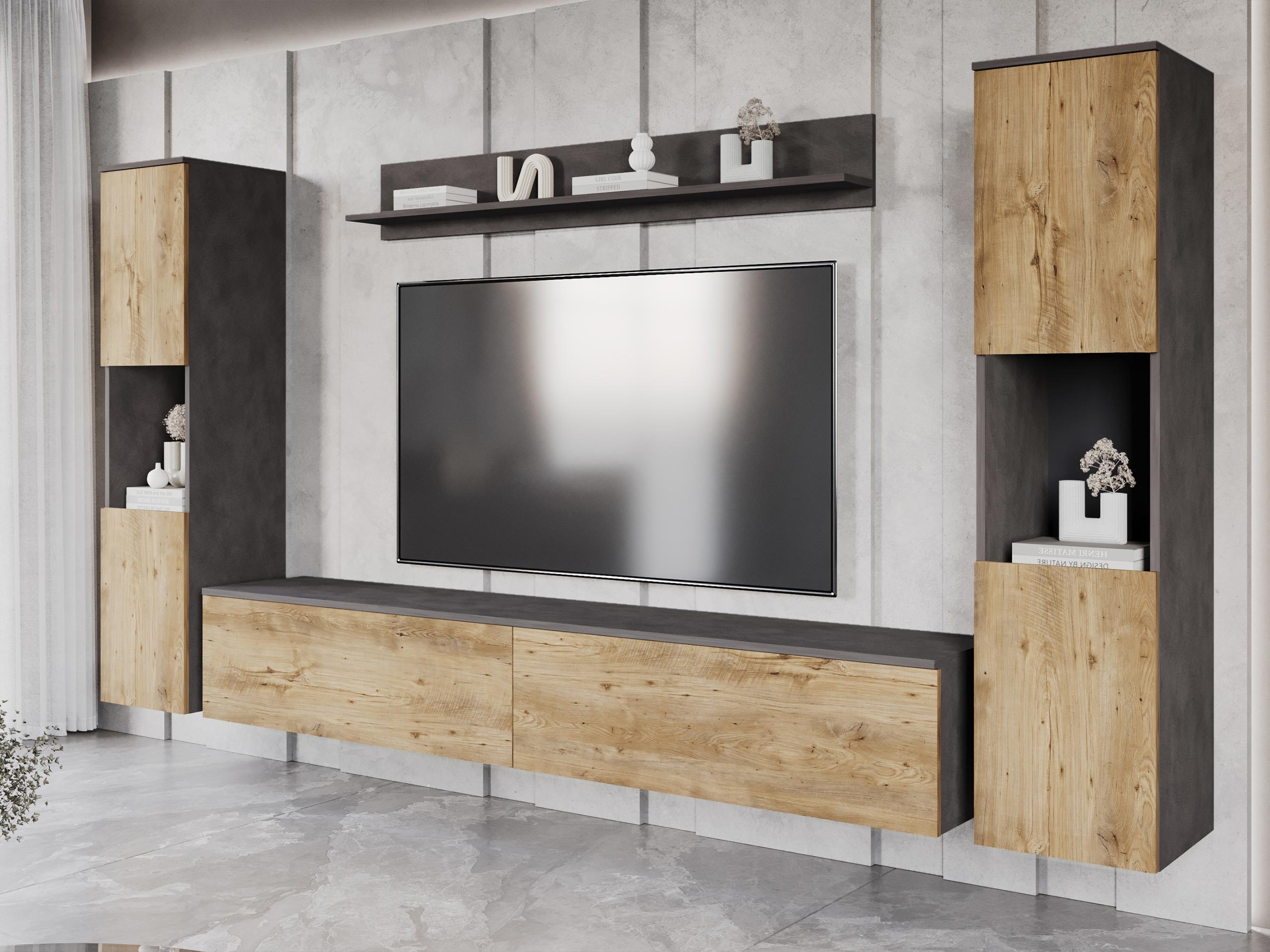 Wohnzimmer-Sets Sarasota 131 (Matera grau + Kastanienholzoptik)