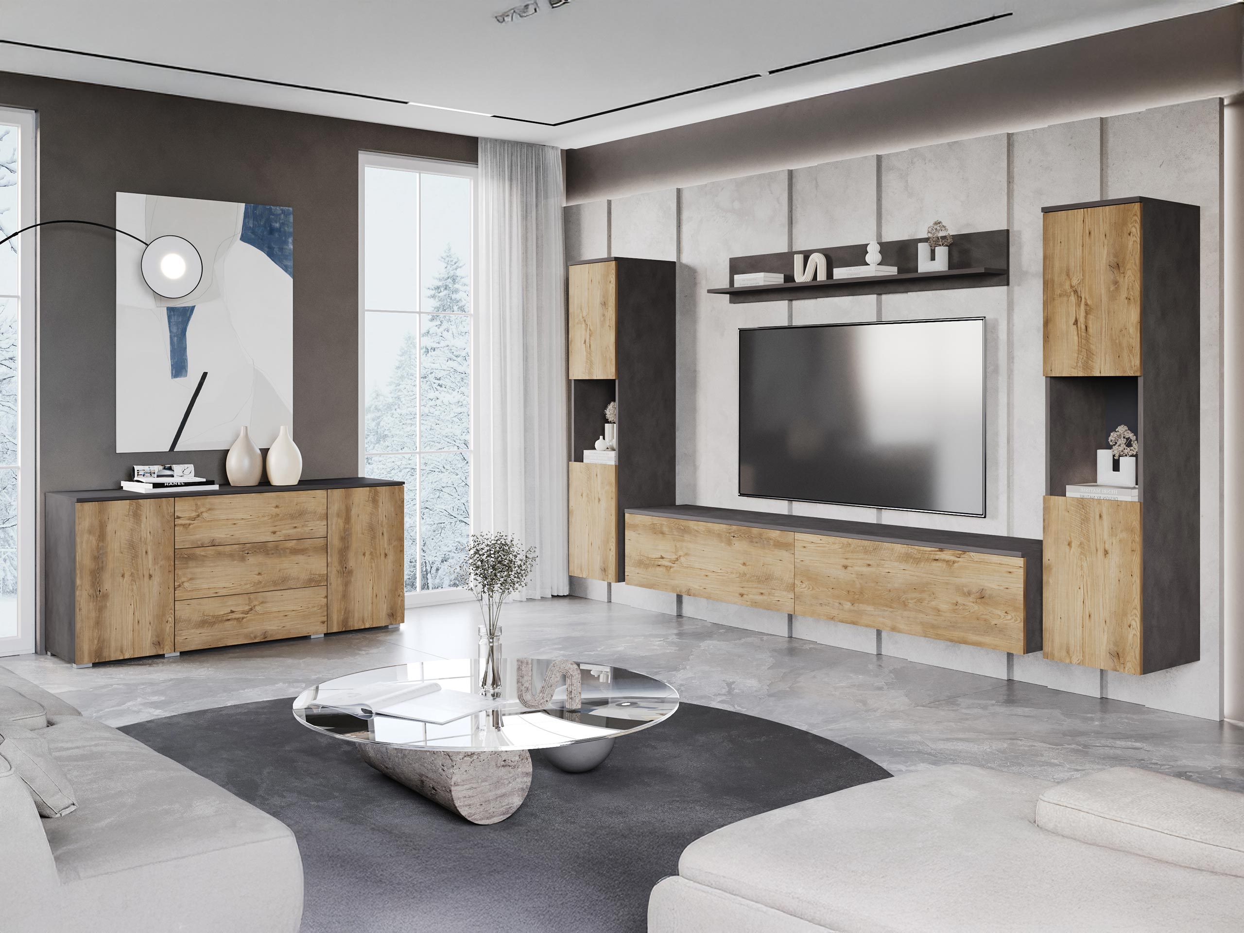 Wohnzimmer-Sets Sarasota 133 (Matera grau + Kastanienholzoptik)