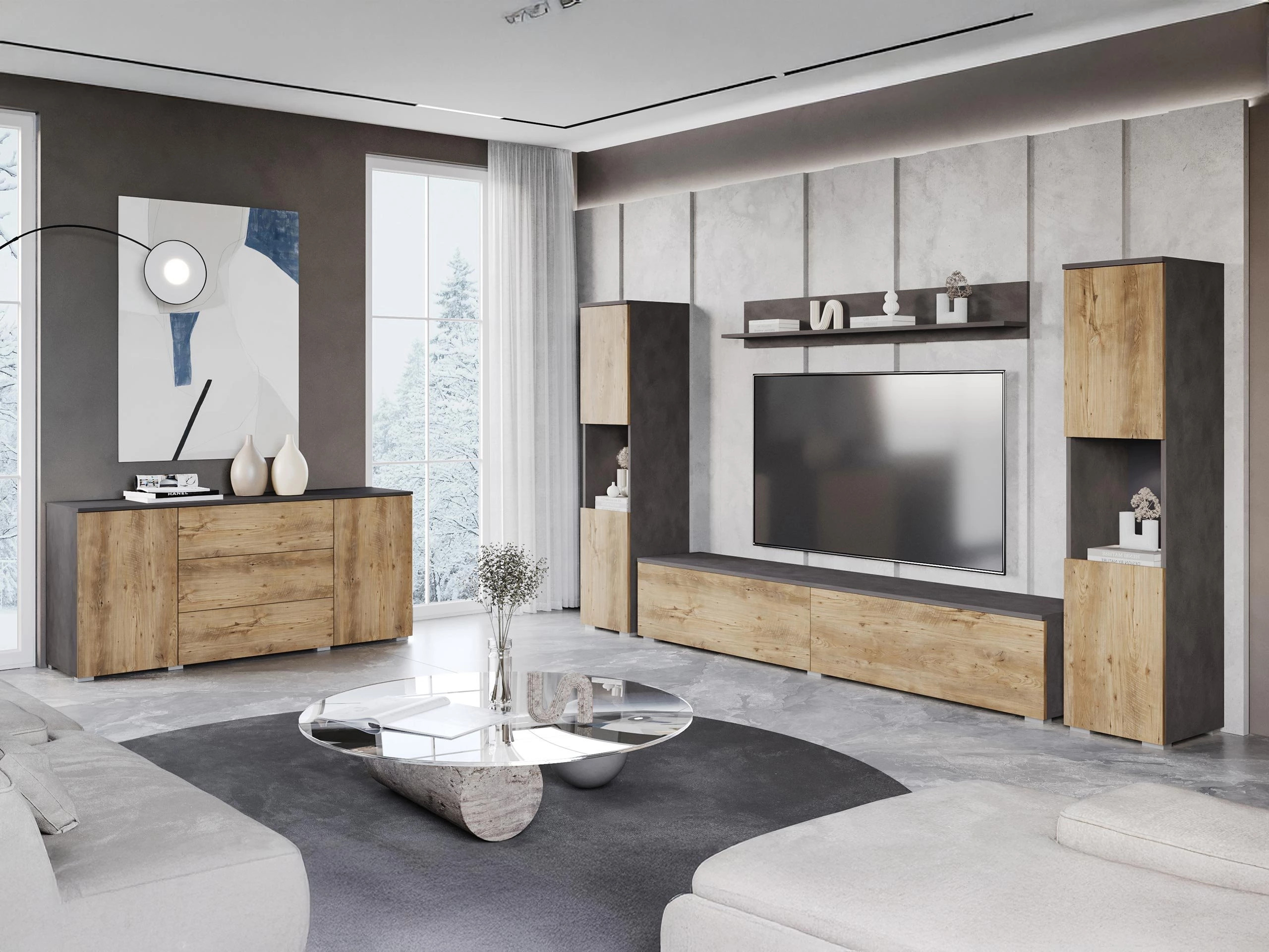 Wohnzimmer-Sets Sarasota 133 (Matera grau + Kastanienholzoptik)