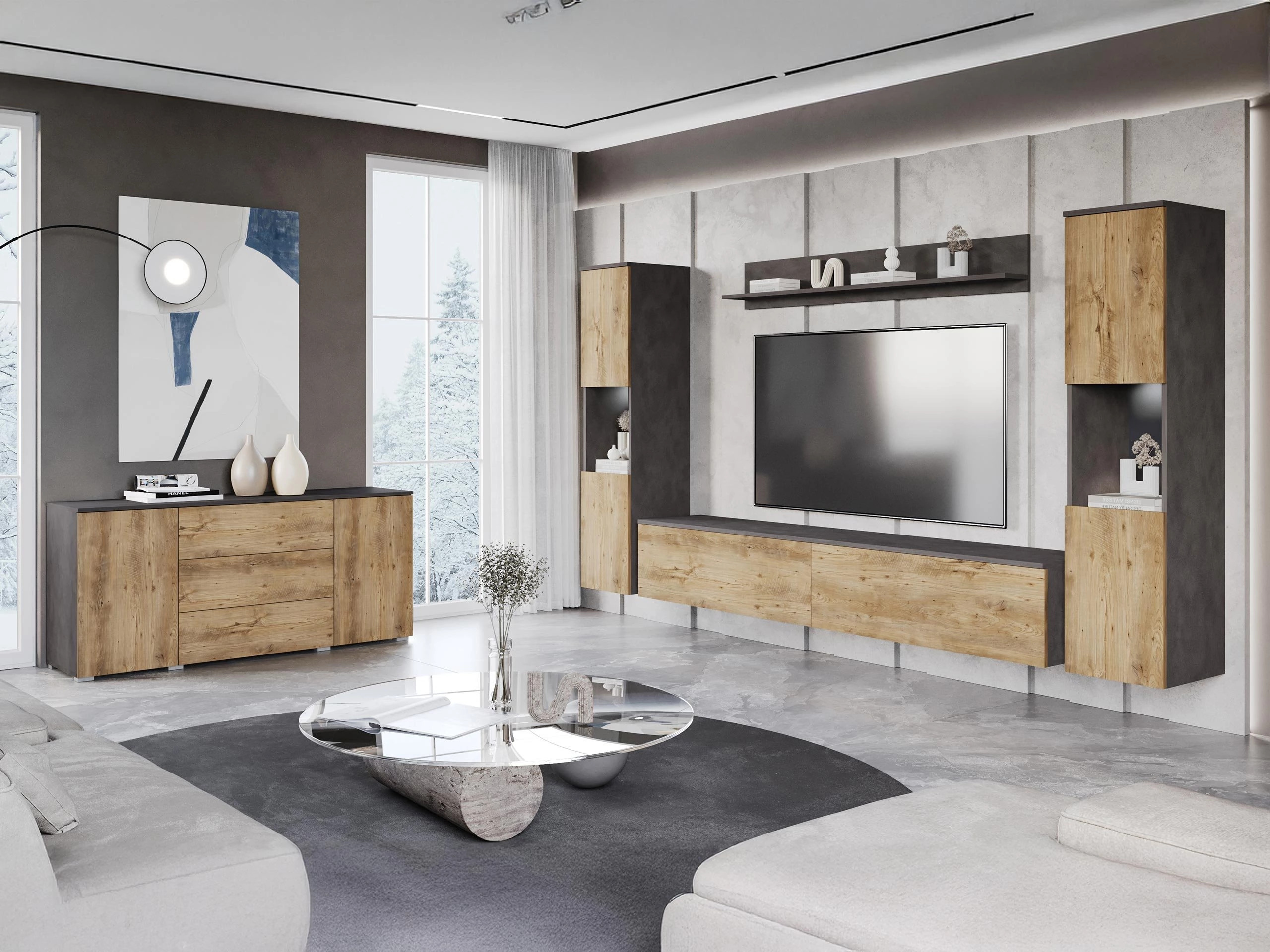 Wohnzimmer-Sets Sarasota 133 (Matera grau + Kastanienholzoptik)