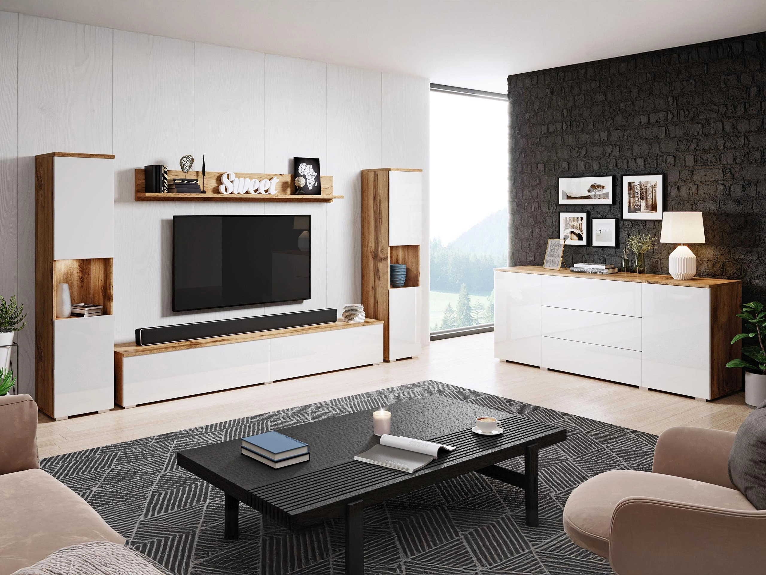 Wohnzimmer-Sets Sarasota 133 (Wotan Eiche + Weiß glänzend)