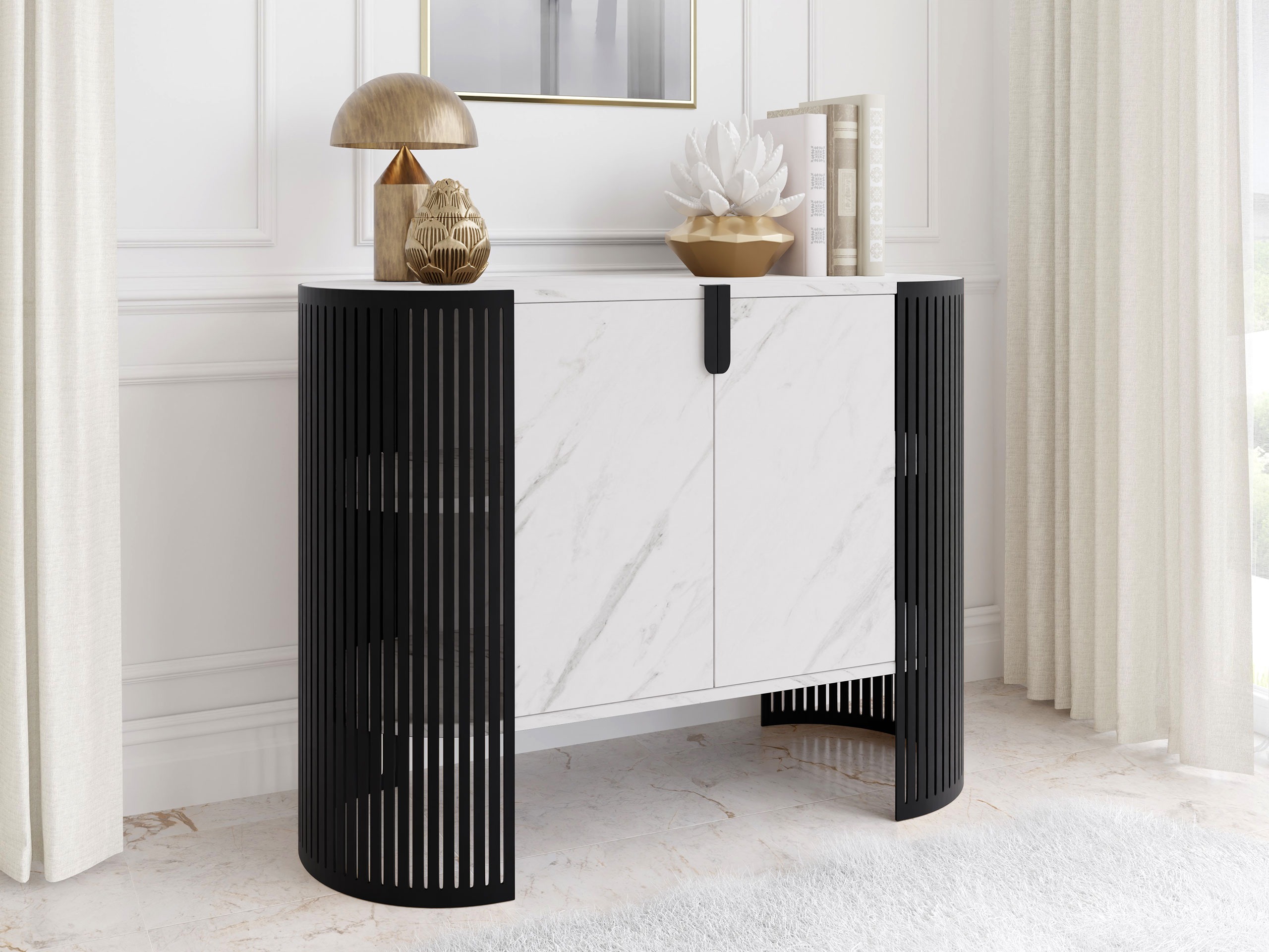 Sideboard Oswego 140 (Schwarz + Weißer Marmor)