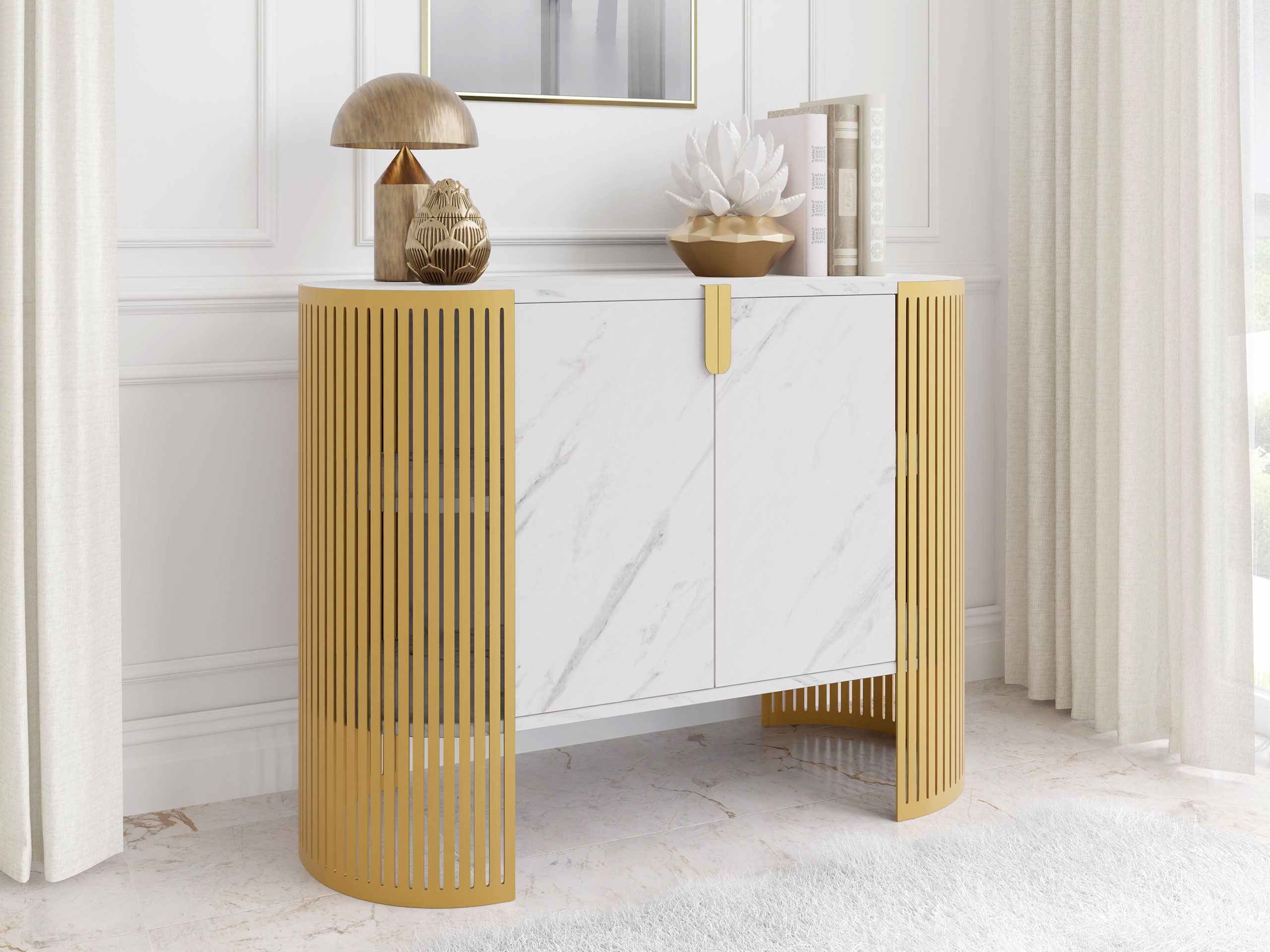 Sideboard Oswego 142 (Gold + Weißer Marmor)