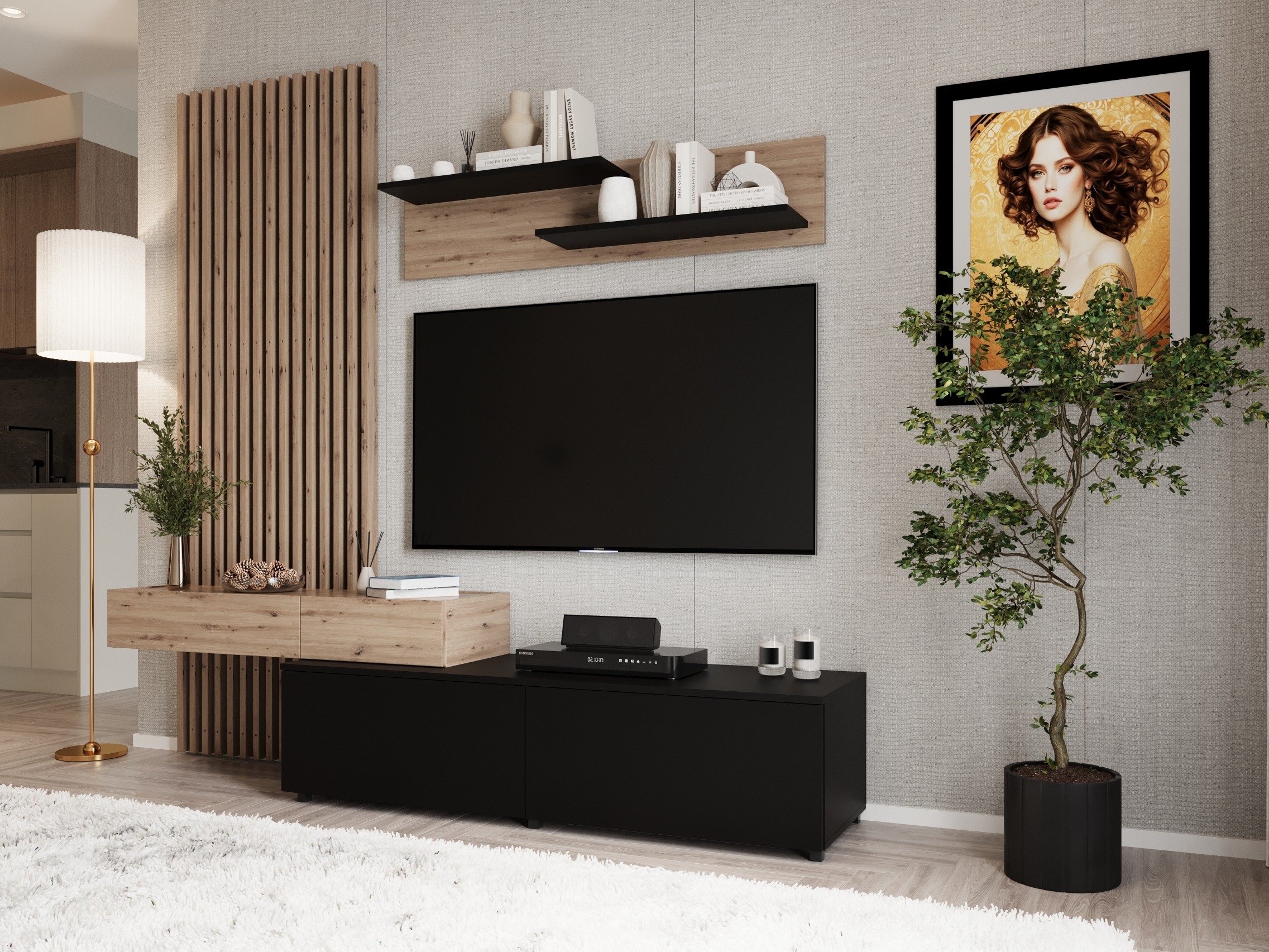 Wohnzimmer-Sets Houston 2086 (Schwarz + Artisan Eichenholzoptik)