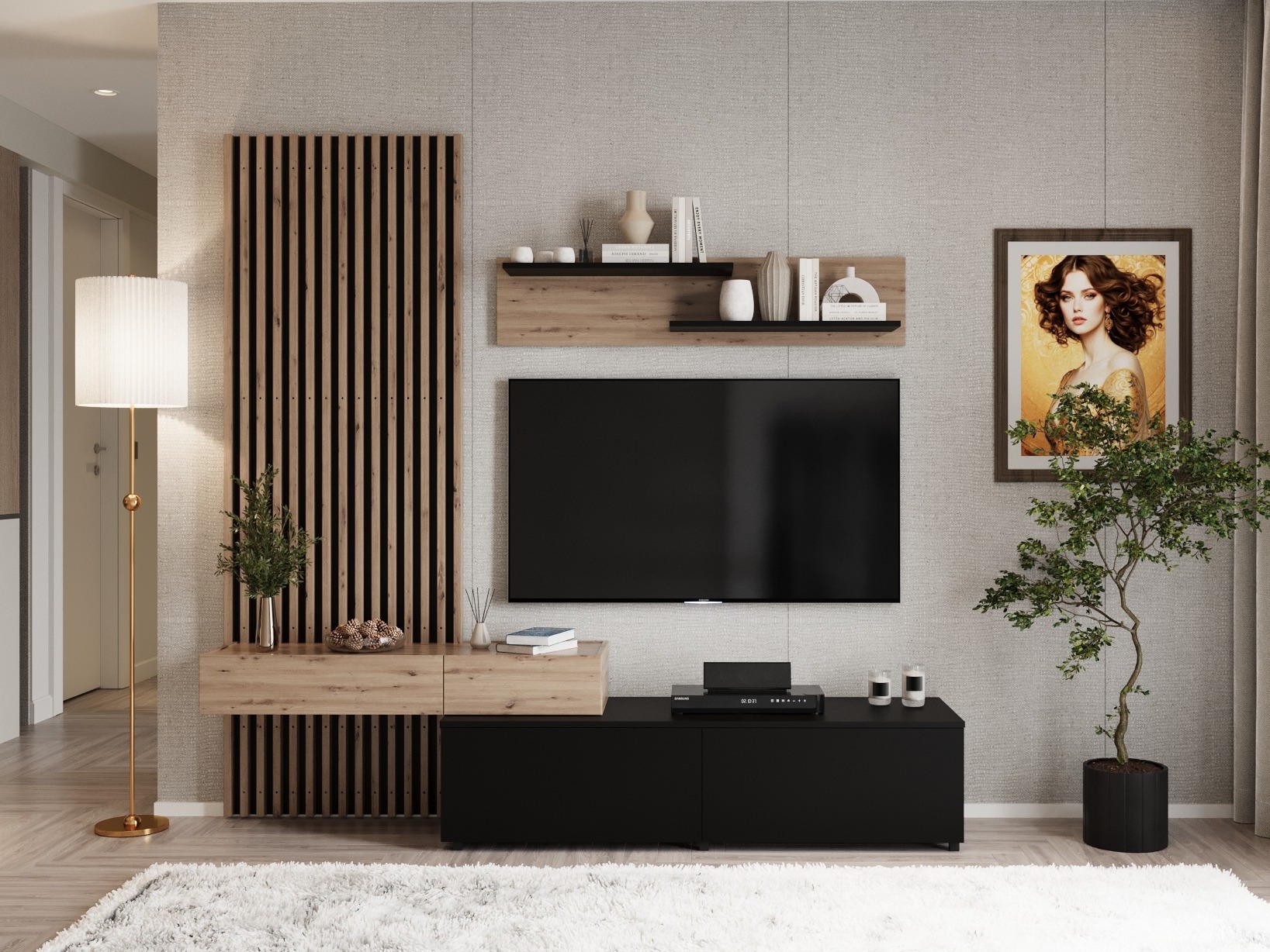 Wohnzimmer-Sets Houston 2086 (Schwarz + Artisan Eichenholzoptik)