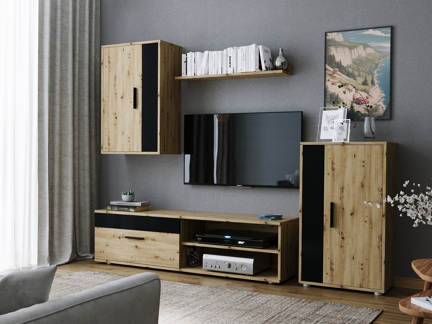 Wohnzimmer-Sets Houston 2087 (Schwarz + Artisan Eichenholzoptik)