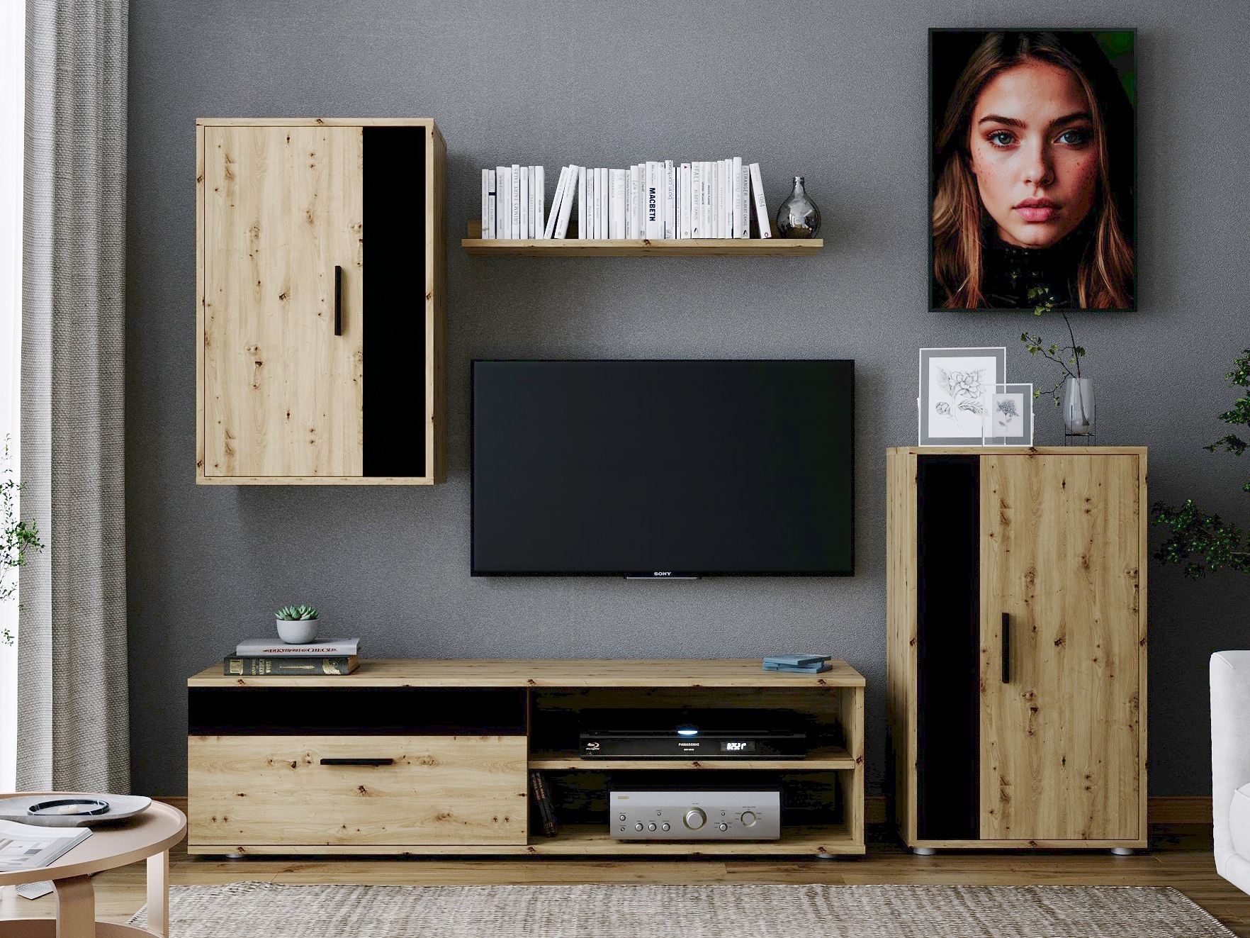 Wohnzimmer-Sets Houston 2087 (Schwarz + Artisan Eichenholzoptik)