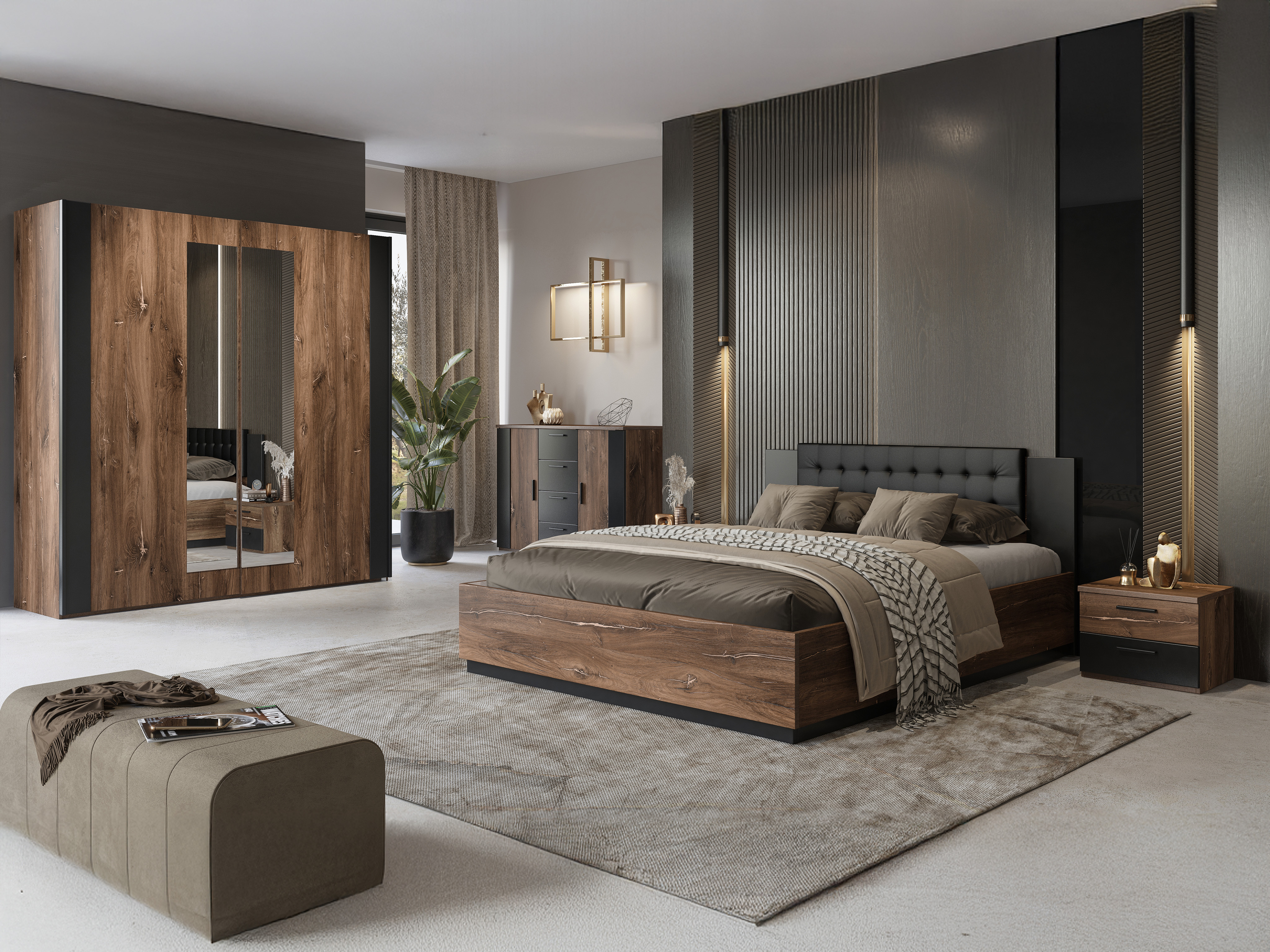 Bett Felelie 104 (Eichenholzoptik Flagstaf dunkel + Kupfer)