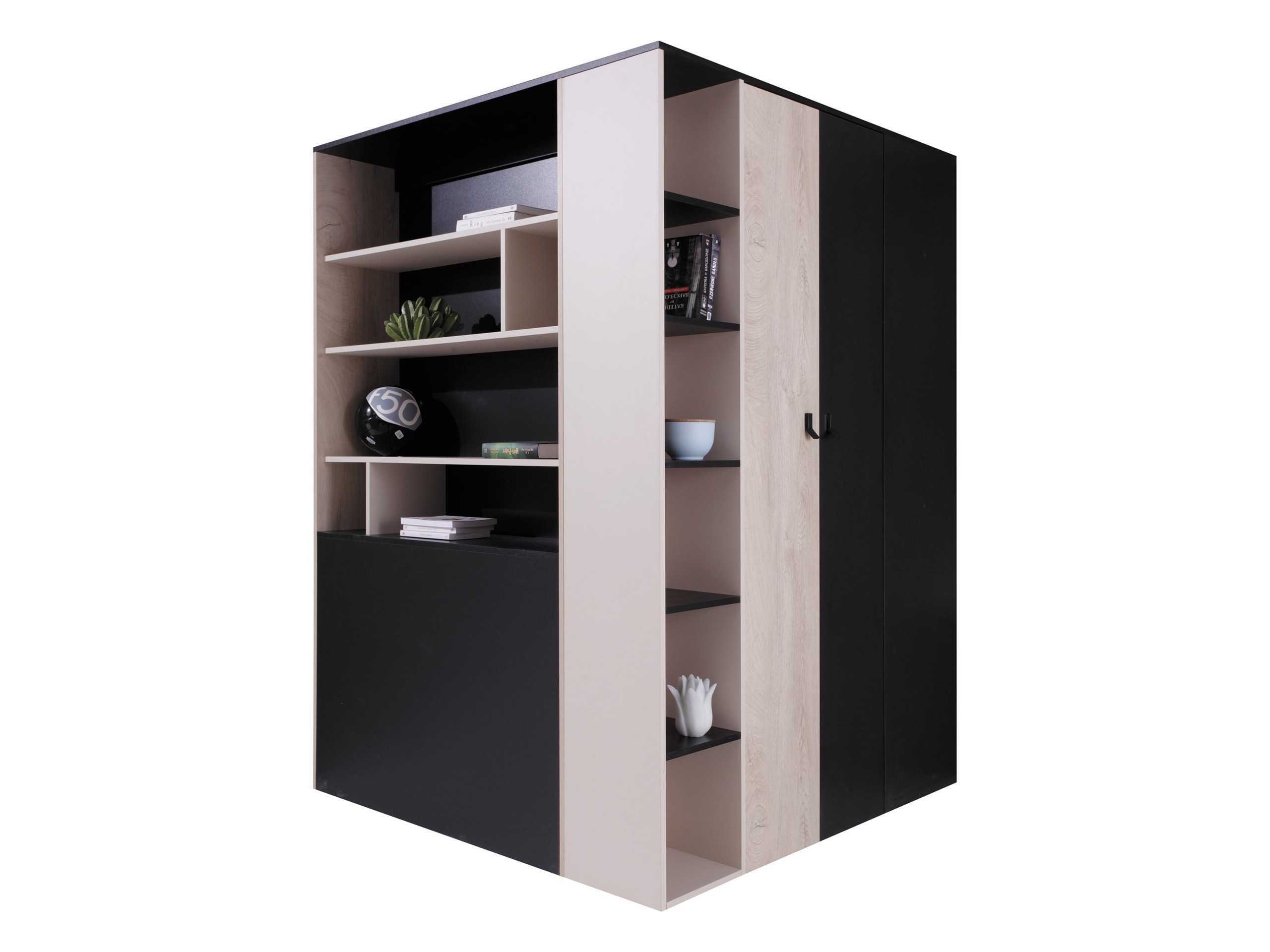 Eckkleiderschrank Camteso 113 (Schwarz + Eichenholzoptik + Beige)