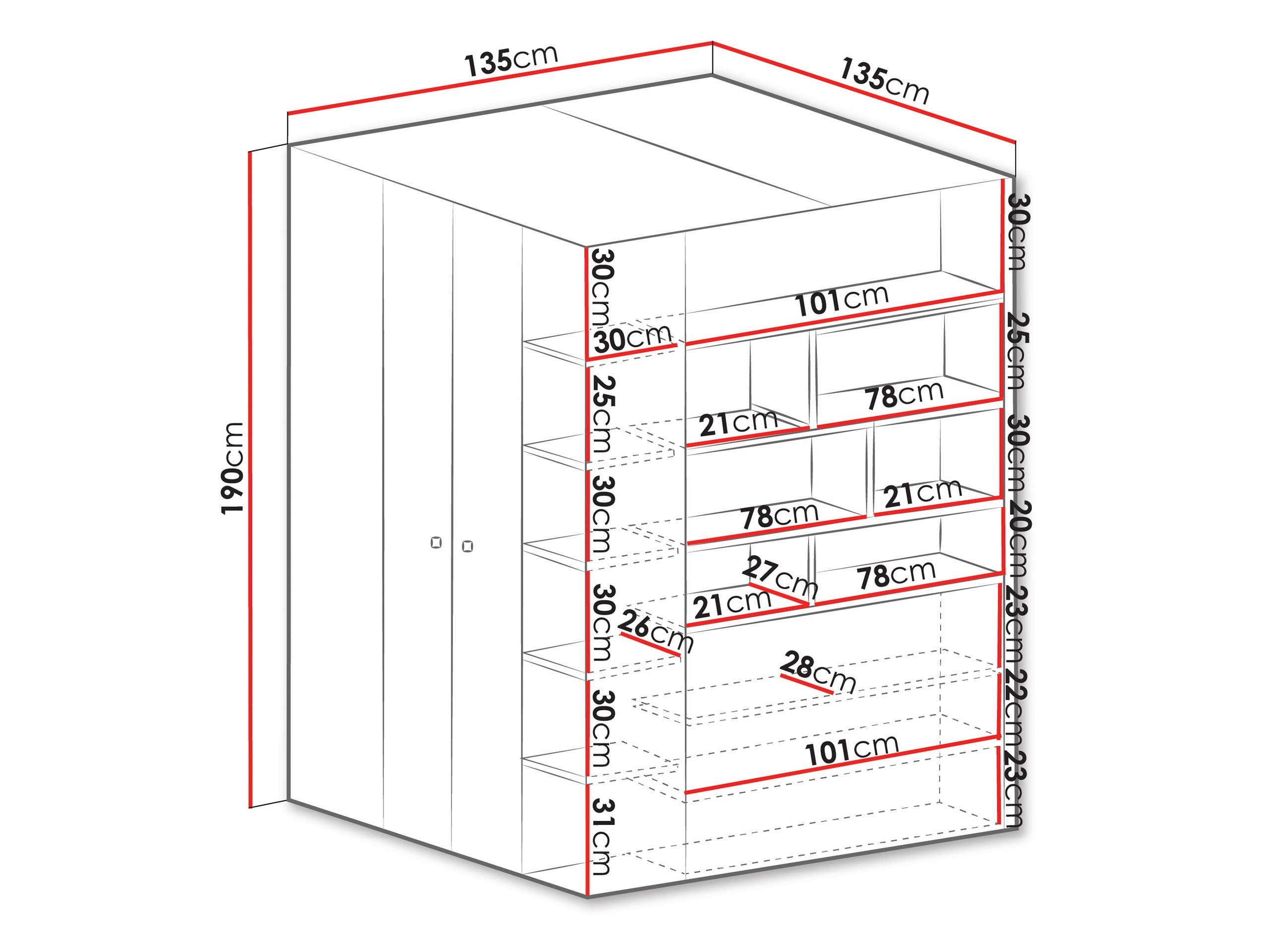 Eckkleiderschrank Camteso 113 (Weiß + Eichenholzoptik + Türkis)