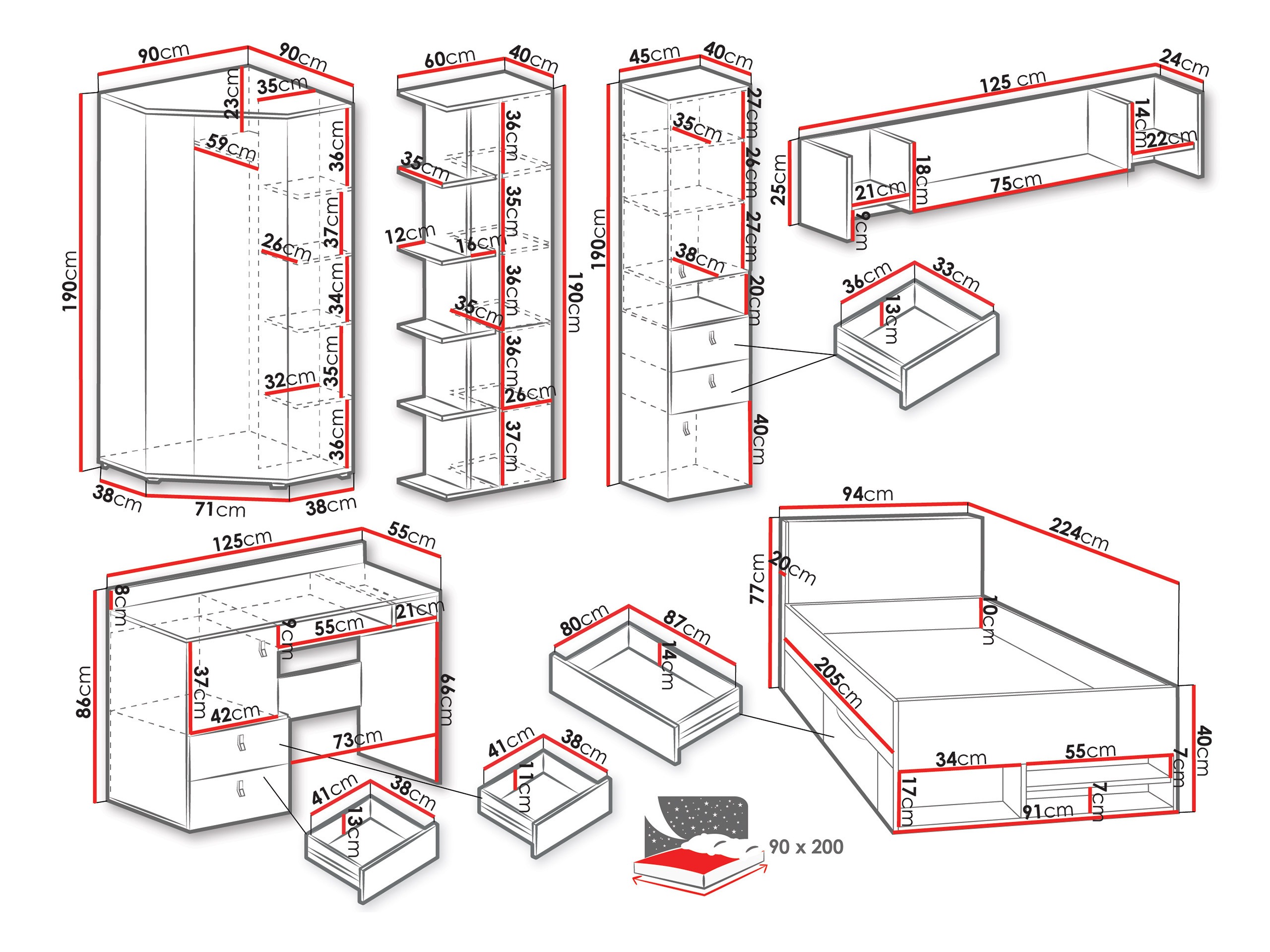 Kinderzimmer-Set Camteso 114 (Weiß + Eichenholzoptik + Türkis)