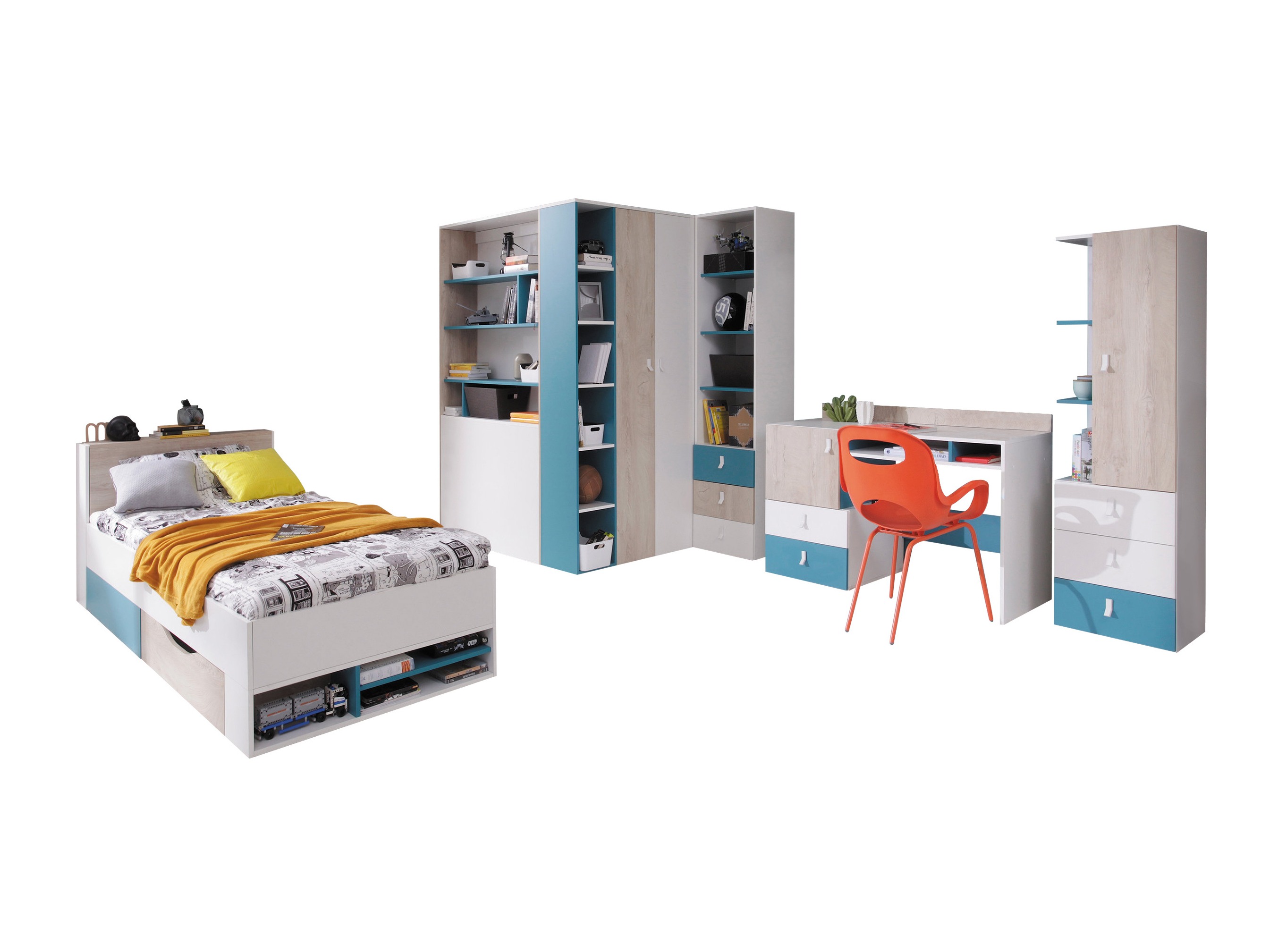 Kinderzimmer-Set Camteso 115 (Weiß + Eichenholzoptik + Türkis)