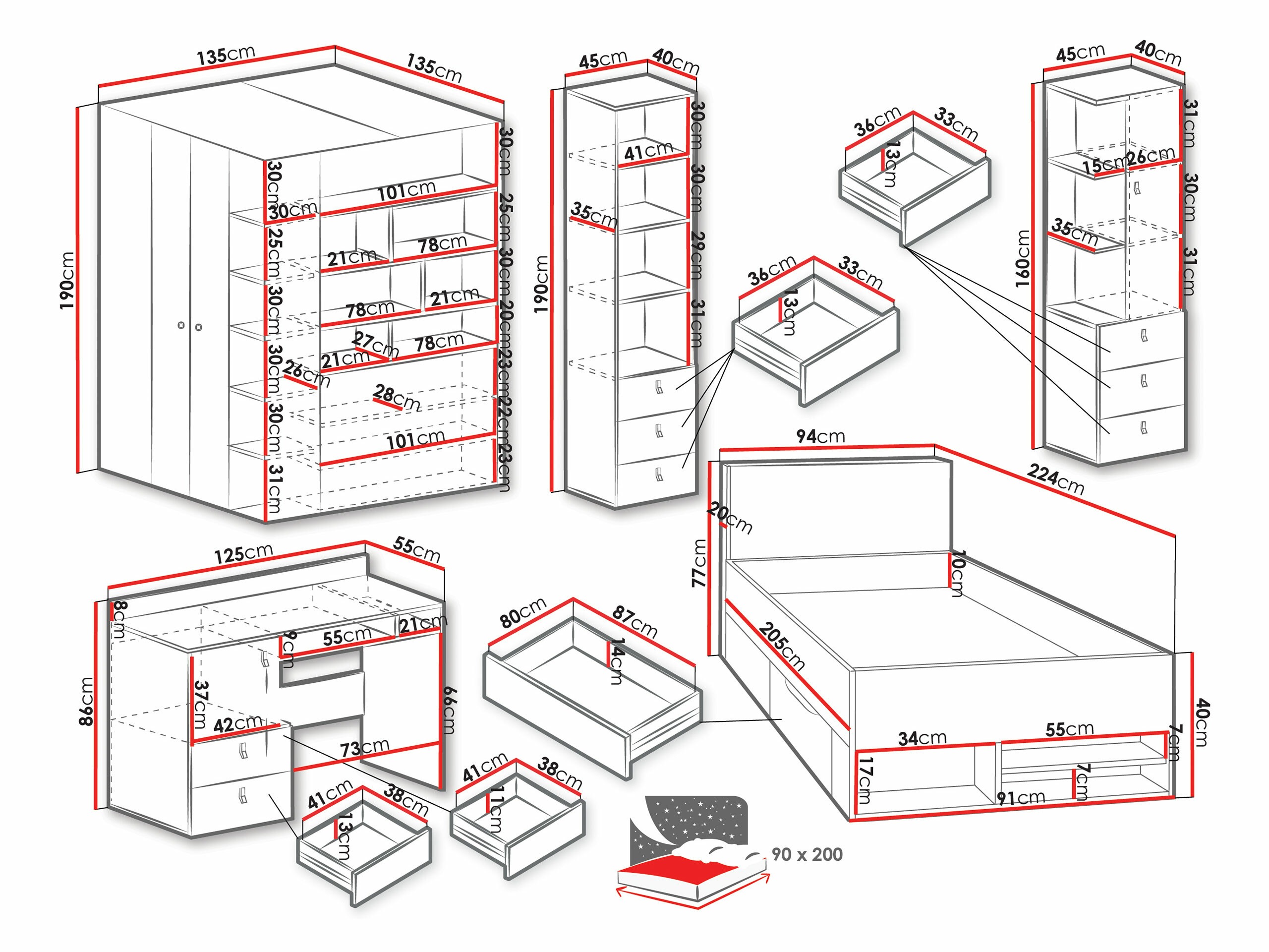 Kinderzimmer-Set Camteso 115 (Weiß + Eichenholzoptik + Türkis)