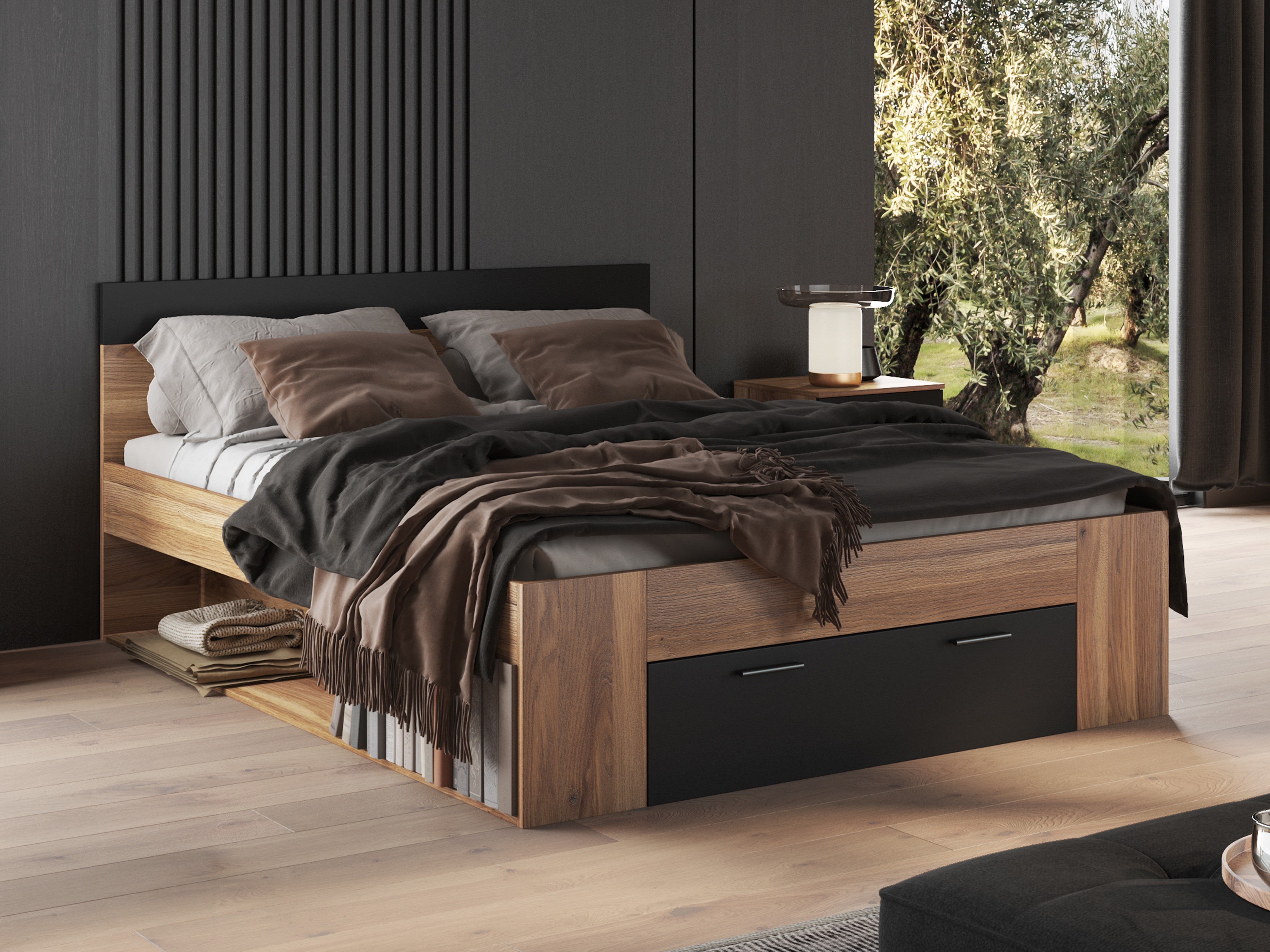 Bett Melvele 108 (Eichenholzoptik + Schwarz)