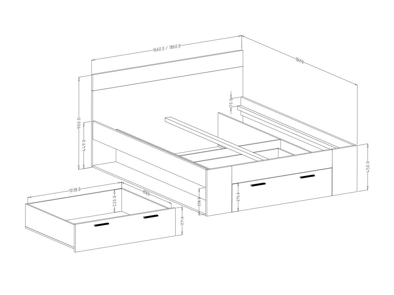 Bett Melvele 108 (Eichenholzoptik + Schwarz)