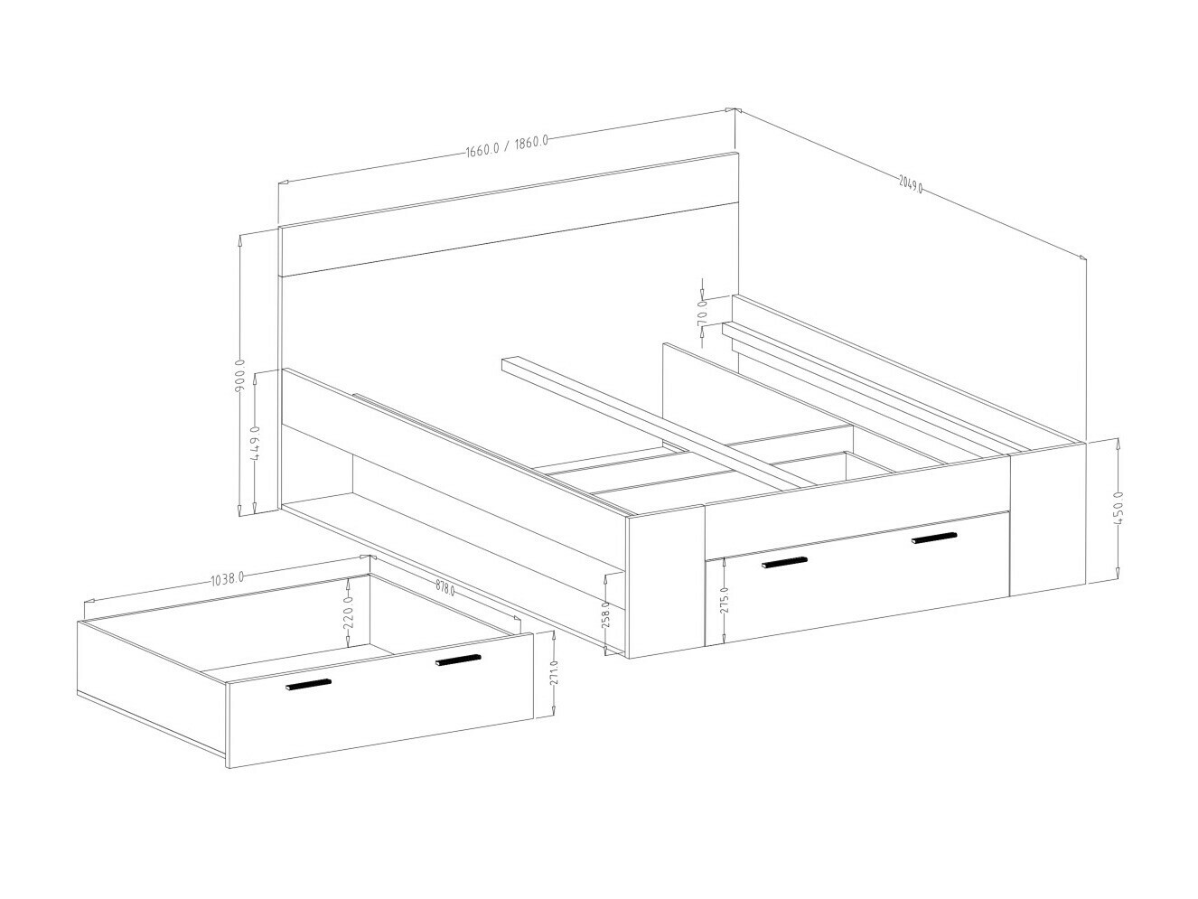 Bett Melvele 108 (Monastery Eichenholzoptik + Schwarz)