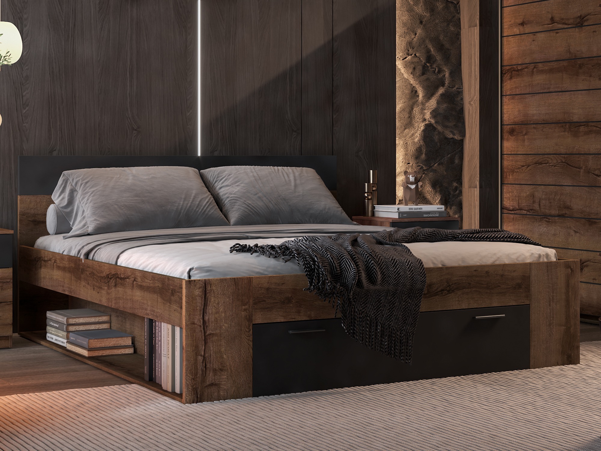 Bett Melvele 108 (Monastery Eichenholzoptik + Schwarz)