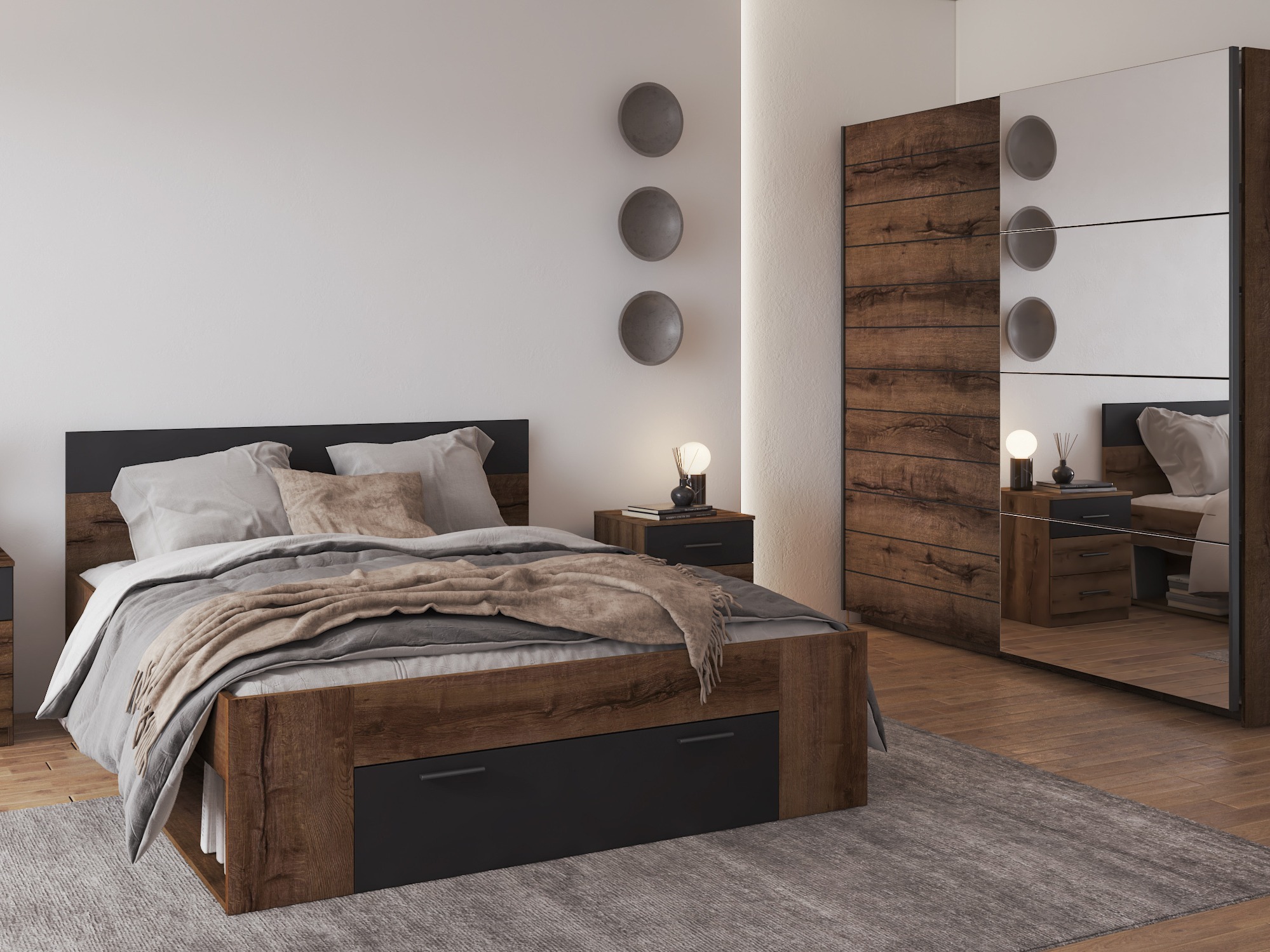 Bett Melvele 108 (Monastery Eichenholzoptik + Schwarz)