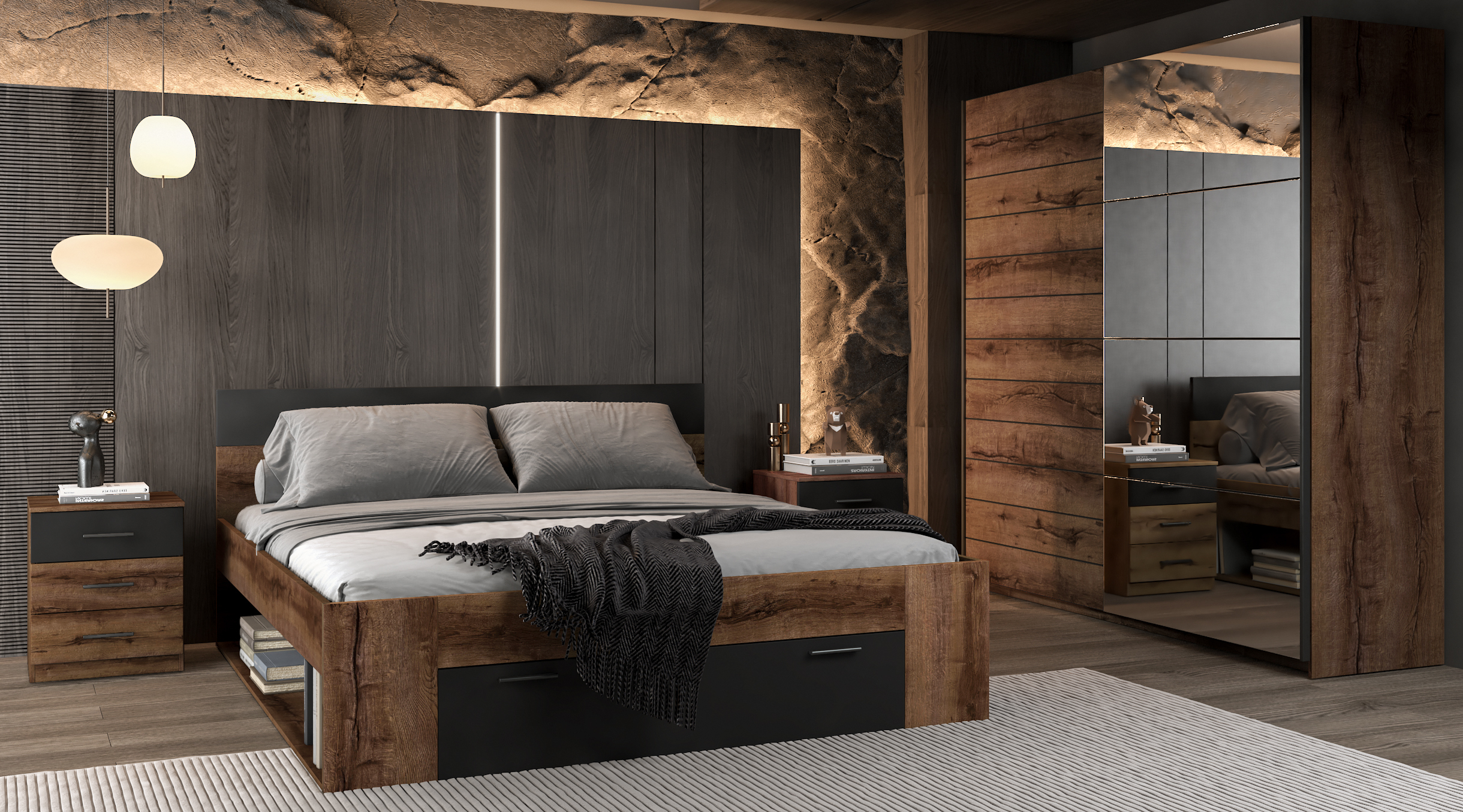 Bett Melvele 108 (Monastery Eichenholzoptik + Schwarz)