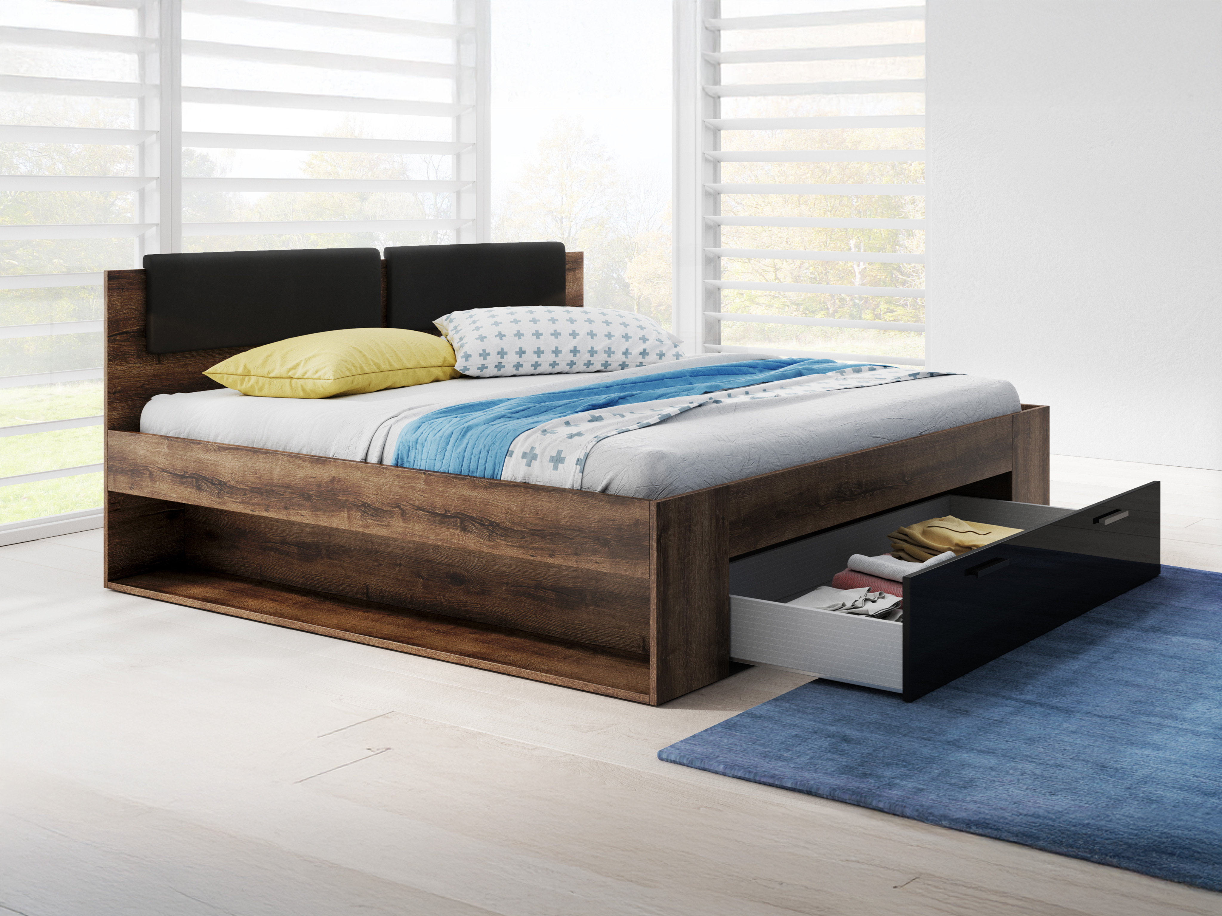 Bett Levruvu 106 (Monastery Eichenholzoptik + Schwarz glänzend)