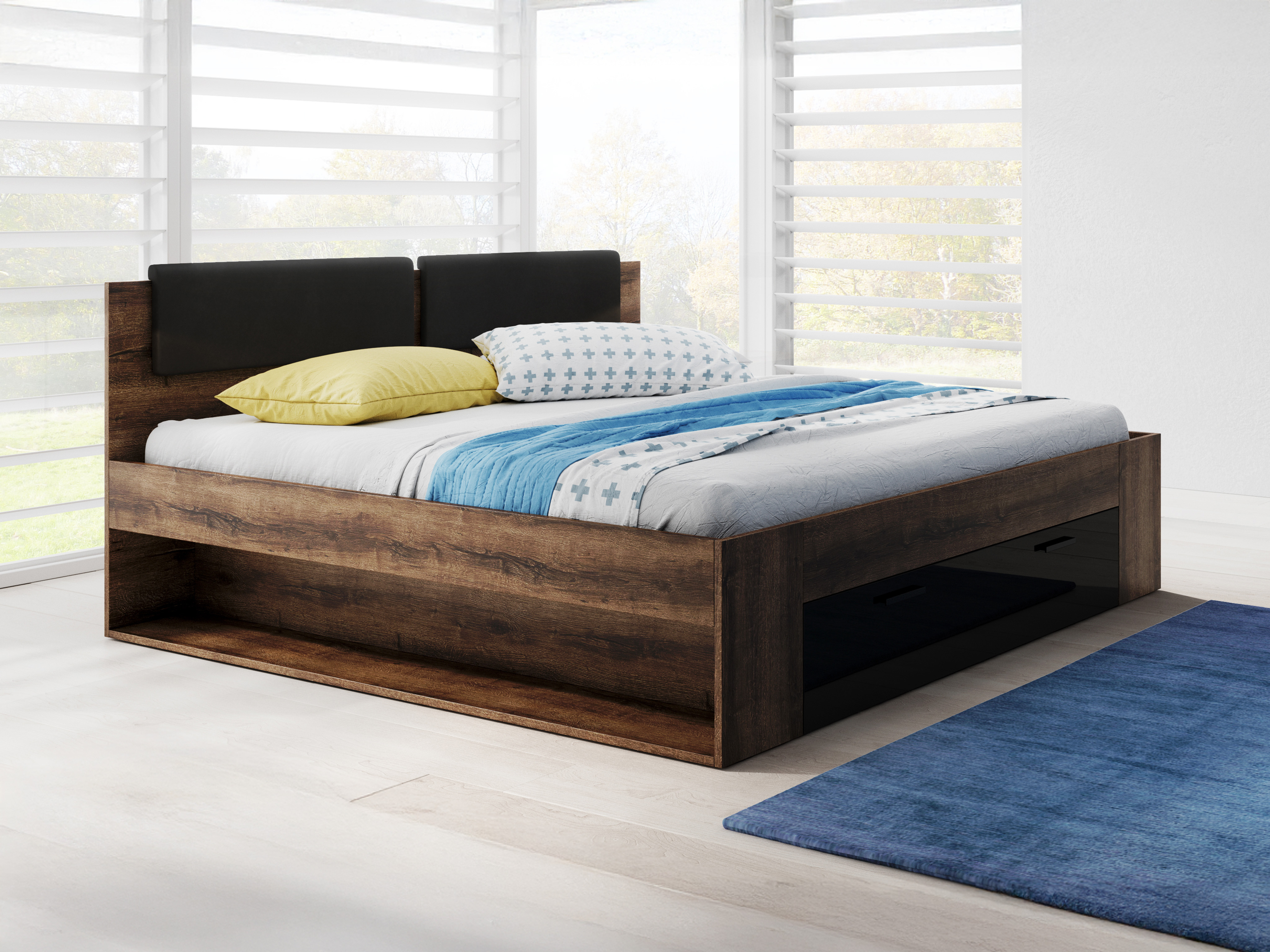 Bett Levruvu 106 (Monastery Eichenholzoptik + Schwarz glänzend)
