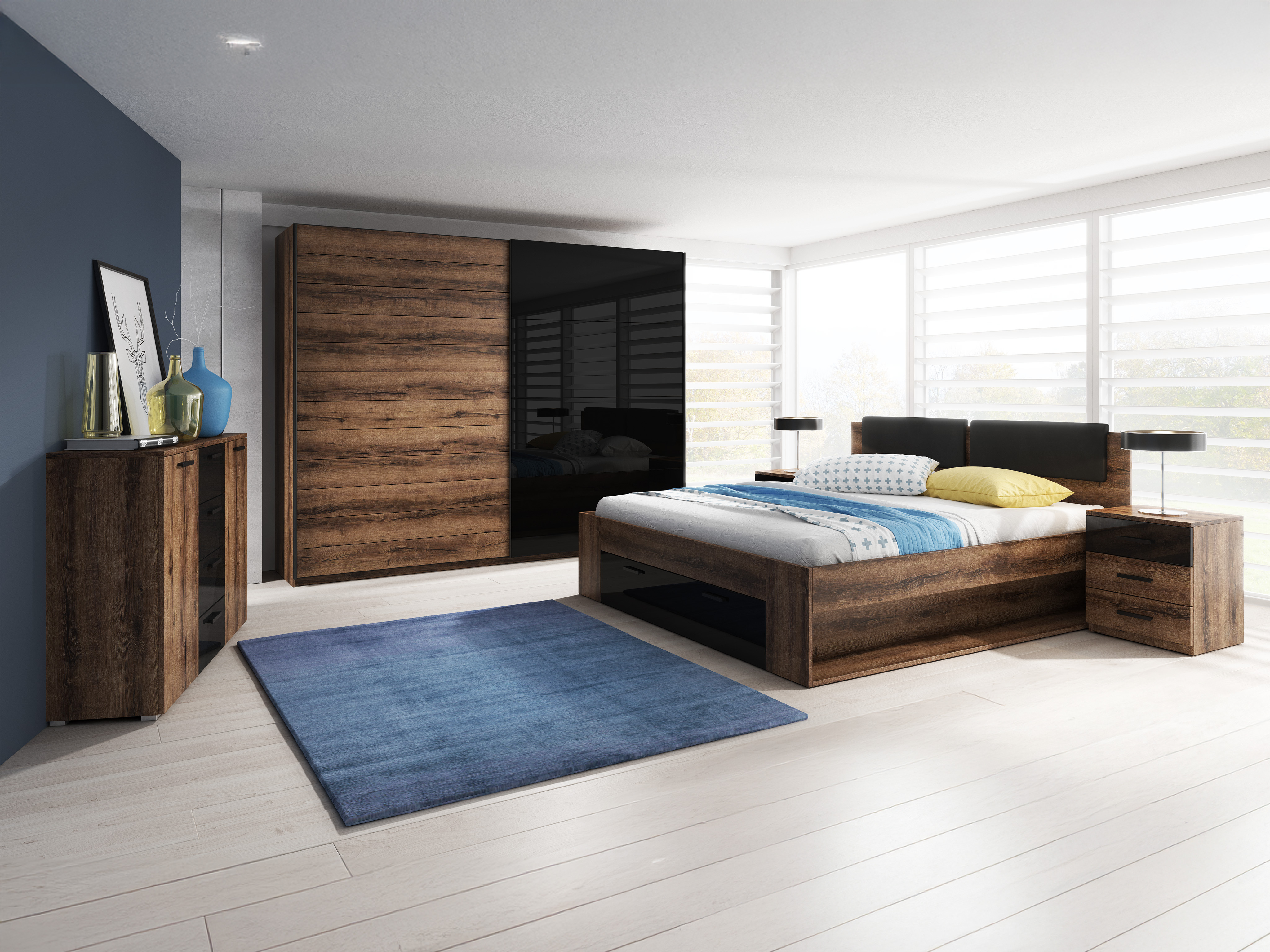 Bett Levruvu 106 (Monastery Eichenholzoptik + Schwarz glänzend)