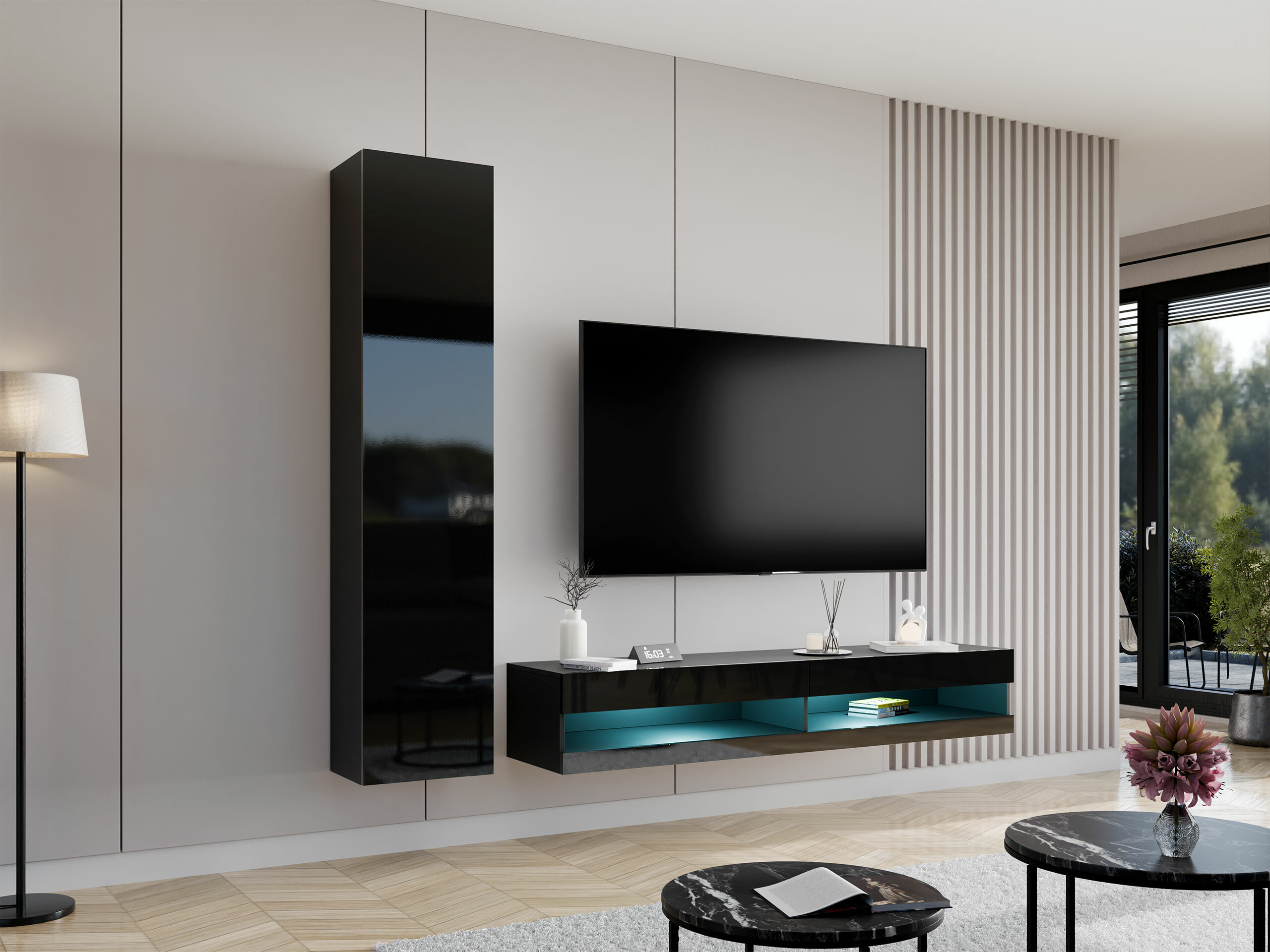 Wohnzimmer-Sets Venenou 114 (Schwarz + Schwarz glänzend)