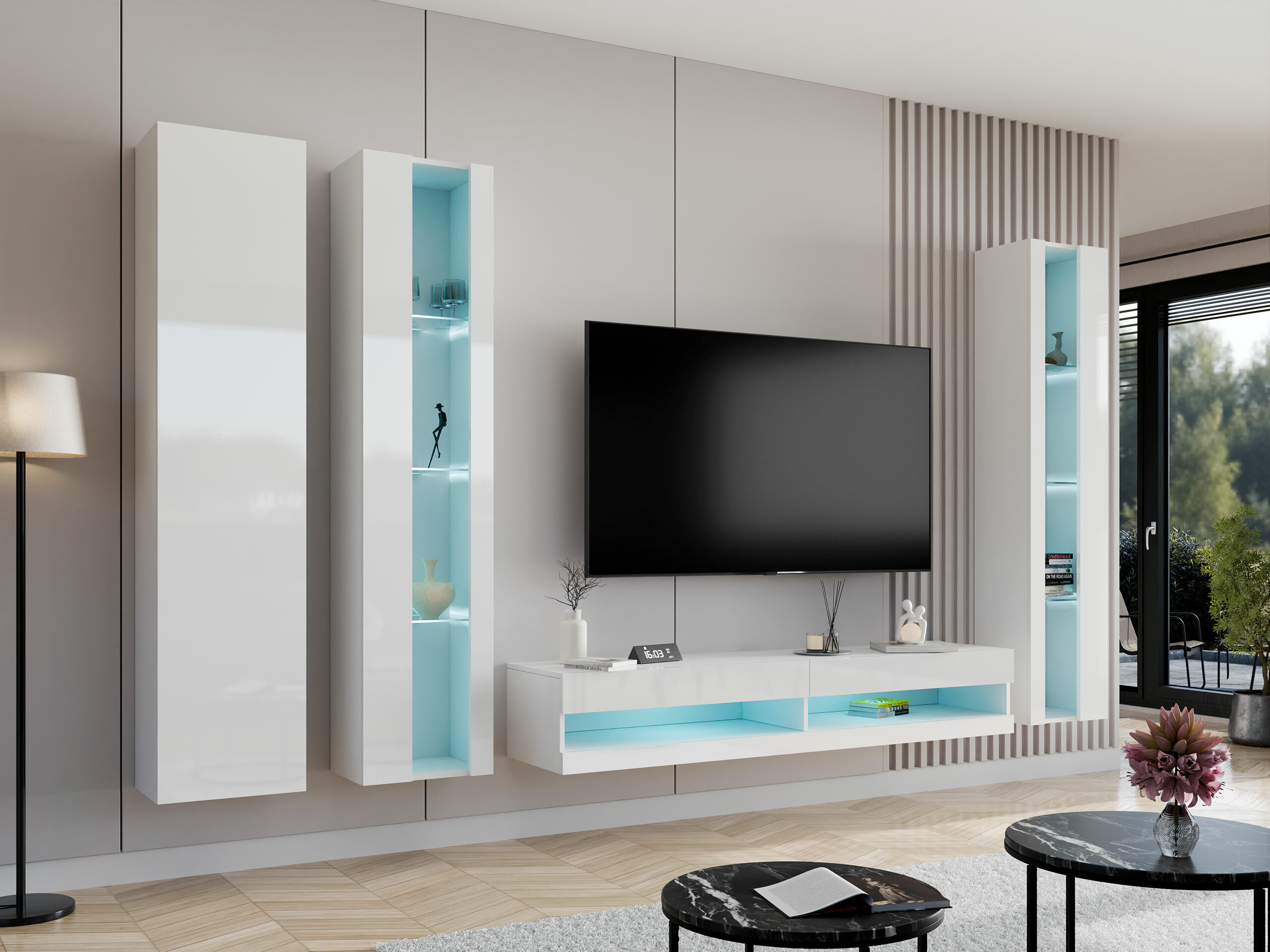 Wohnzimmer-Sets Venenou 116 (Weiß + Weiß glänzend)