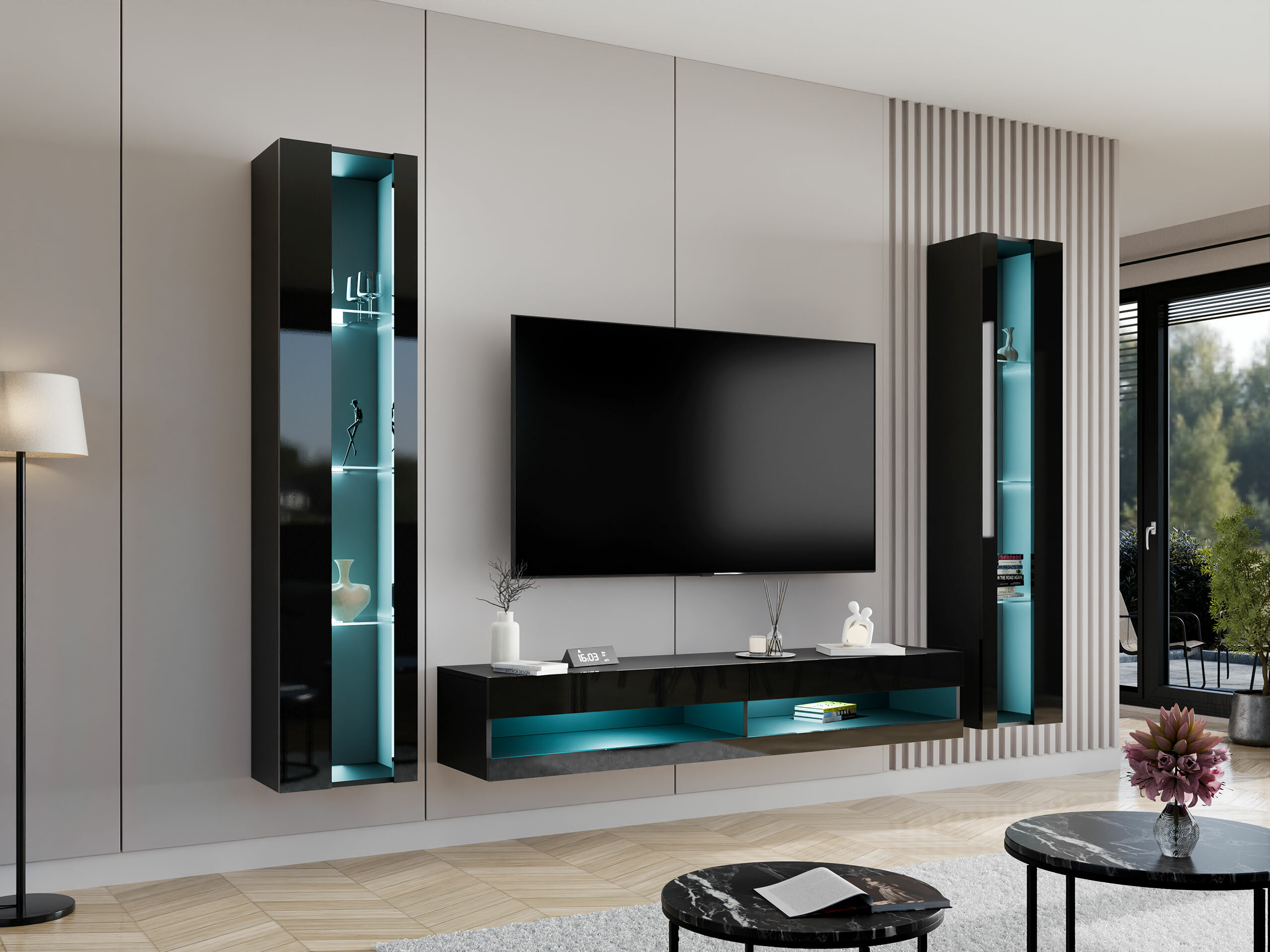 Wohnzimmer-Sets Vilrin V (Schwarz + Schwarz glänzend)