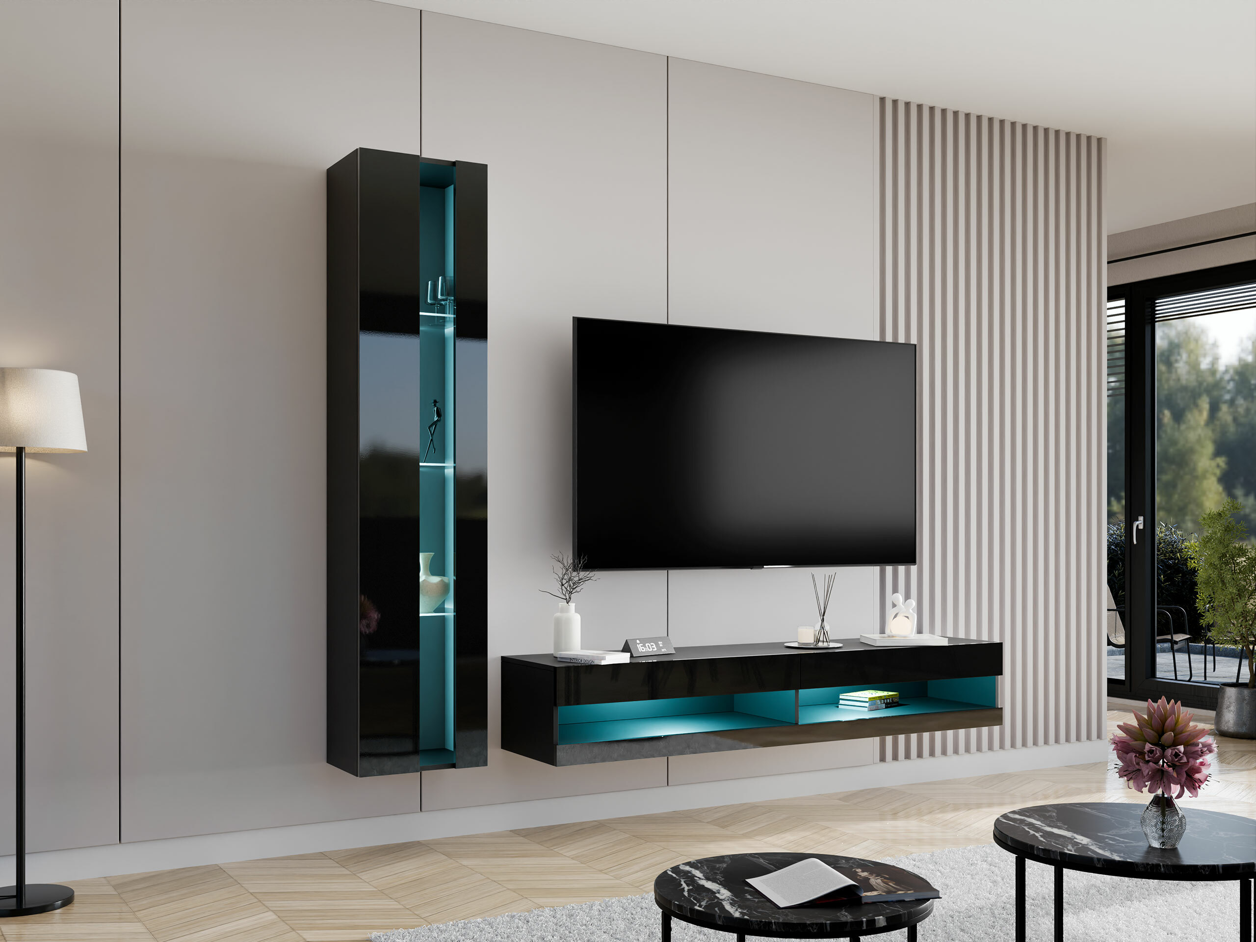 Wohnzimmer-Sets Vilrin VIII (Schwarz + Schwarz glänzend)