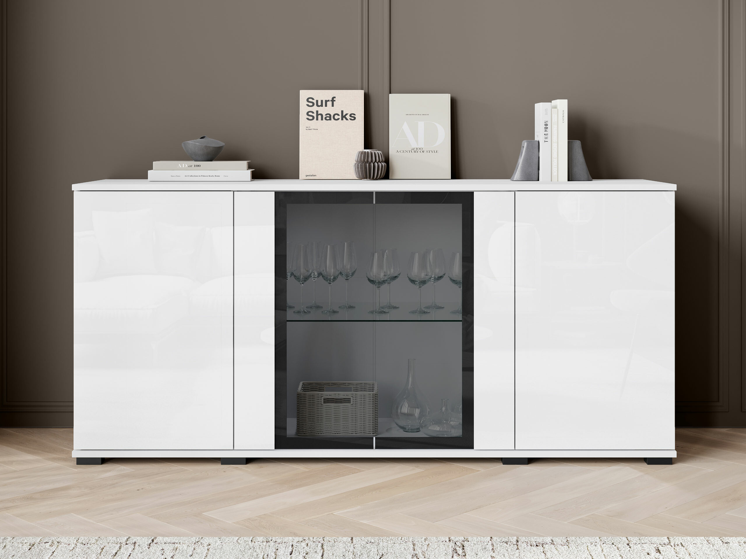 Sideboard Torcame 102 (Weiß + Weiß glänzend)
