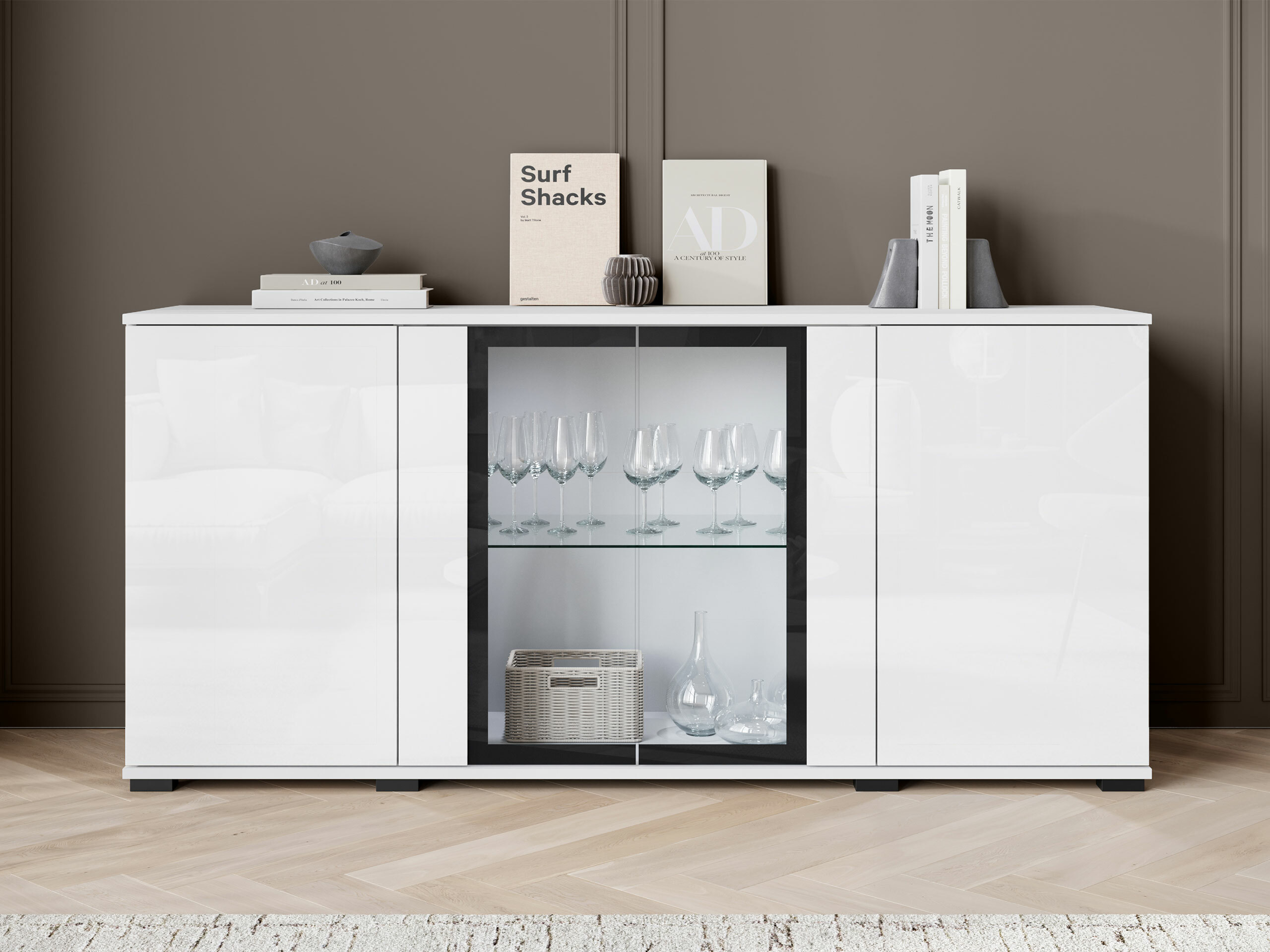 Sideboard Torcame 102 (Weiß + Weiß glänzend)