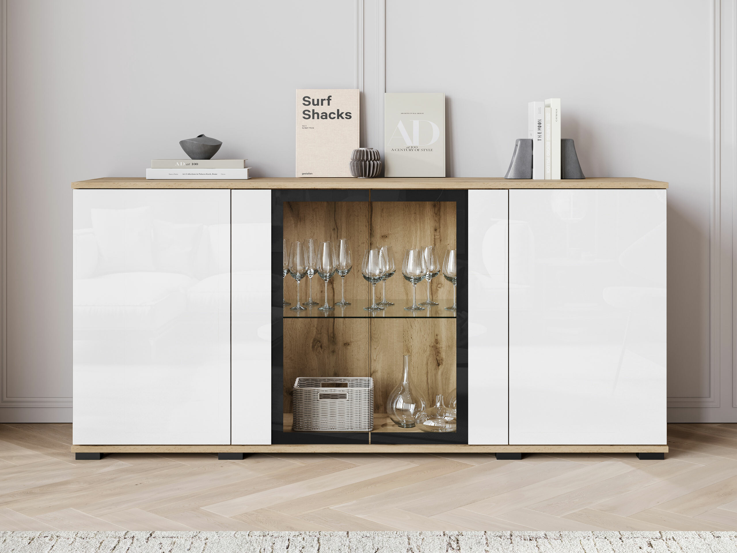 Sideboard Torcame 102 (Wotan Eiche + Weiß glänzend)