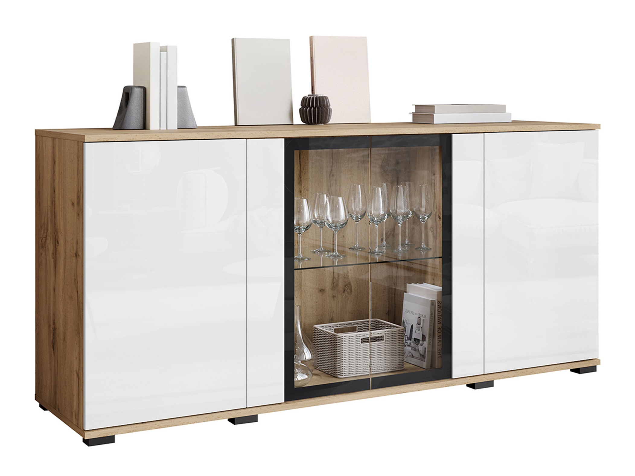 Sideboard Torcame 102 (Wotan Eiche + Weiß glänzend)