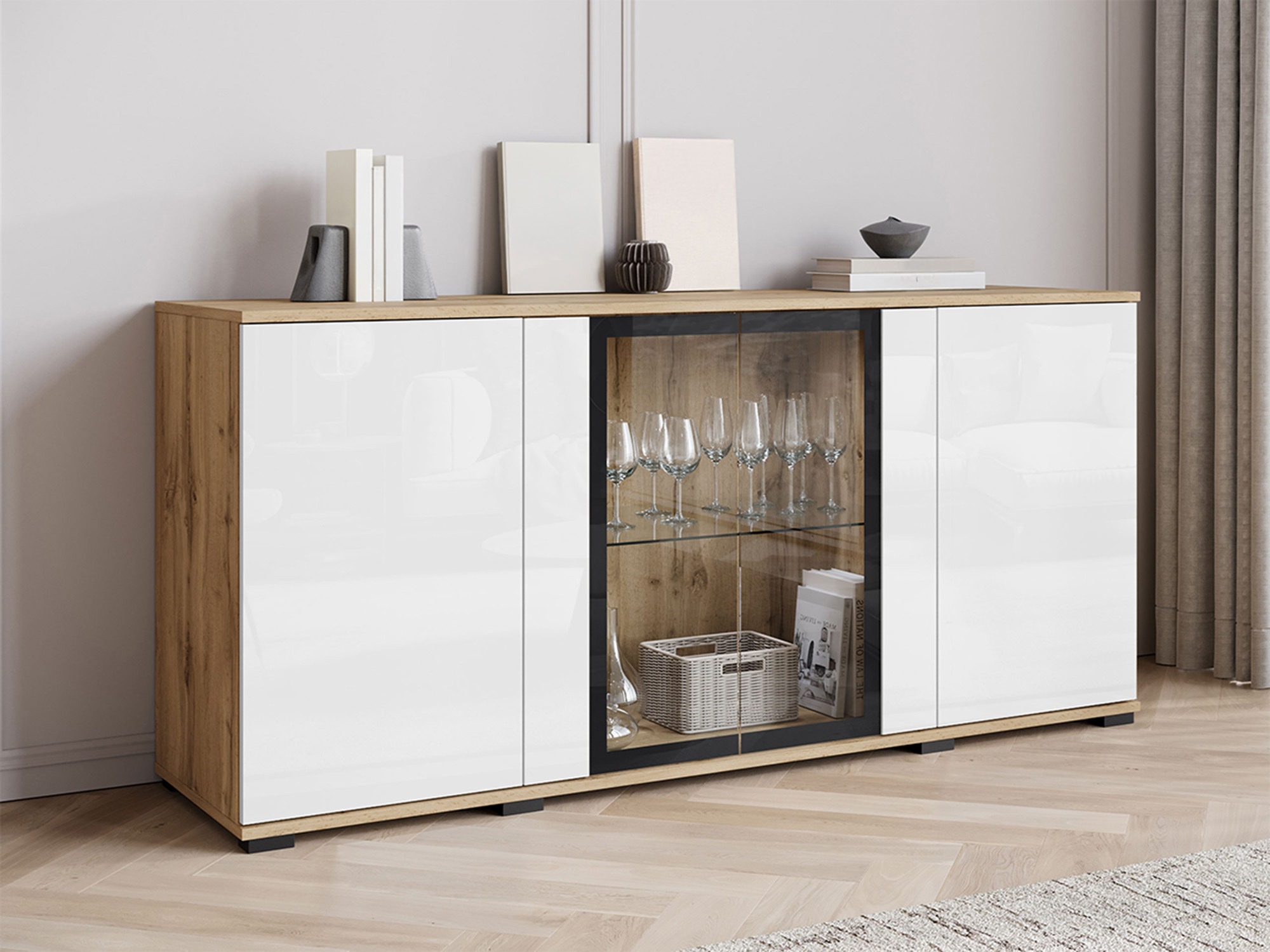 Sideboard Torcame 102 (Wotan Eiche + Weiß glänzend)
