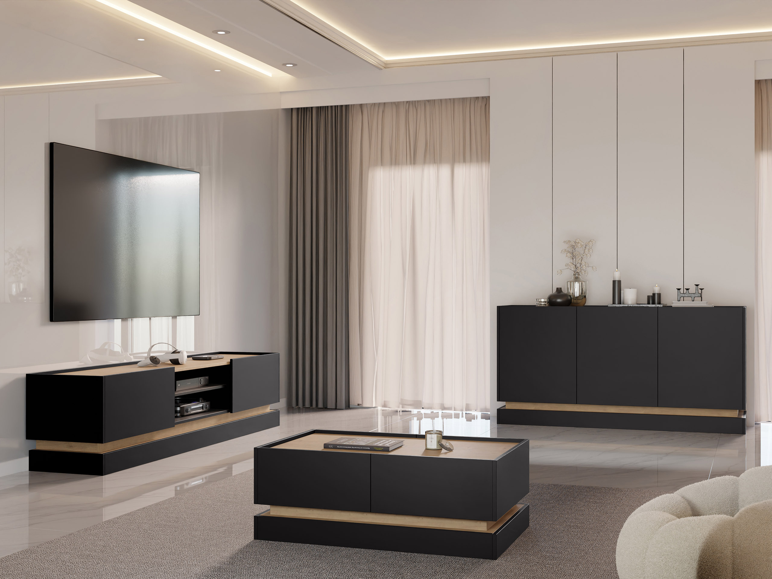 TV-Möbel Comfivo Tilia (Schwarz + Eichenholzoptik)