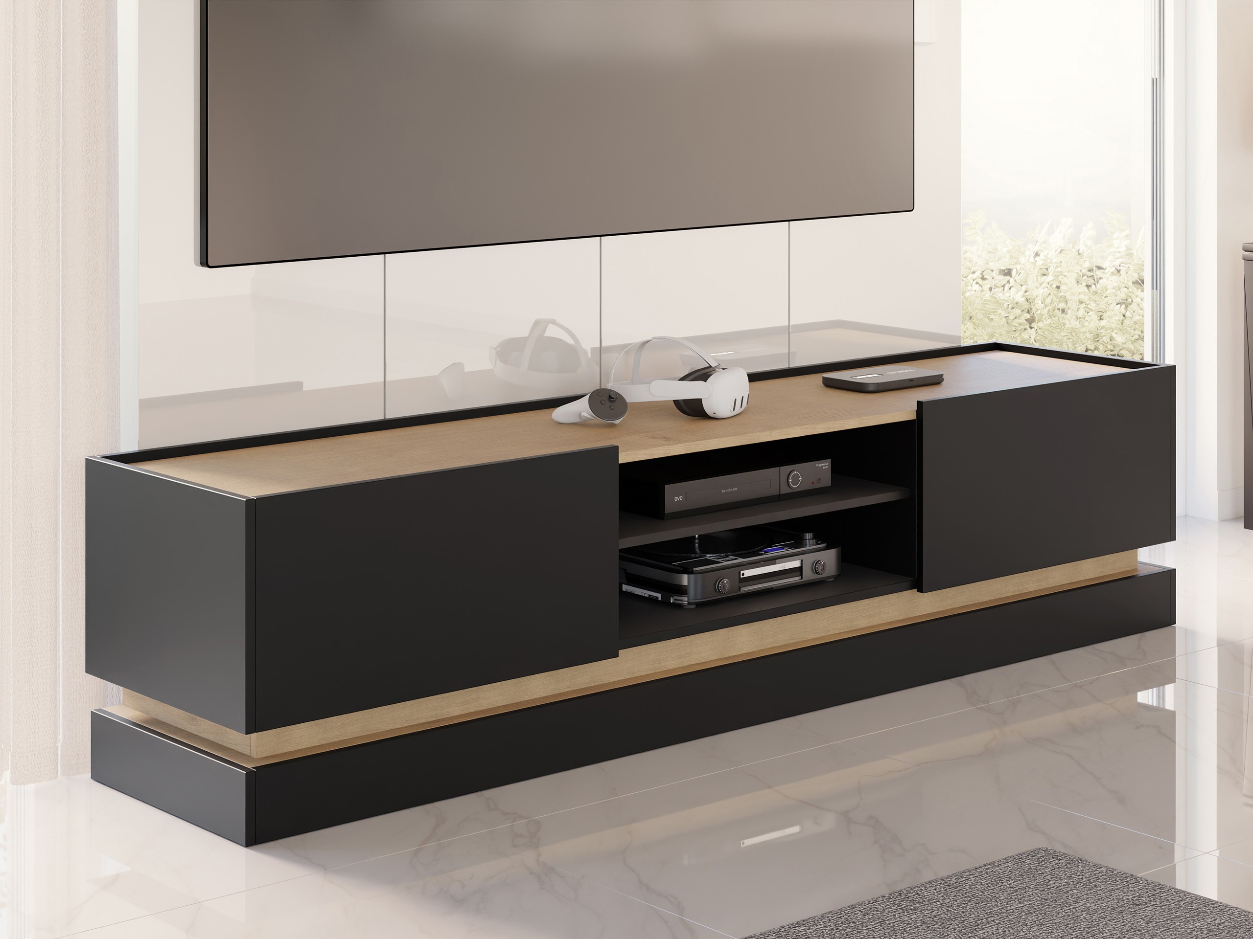 TV-Möbel Comfivo Tilia (Schwarz + Eichenholzoptik)