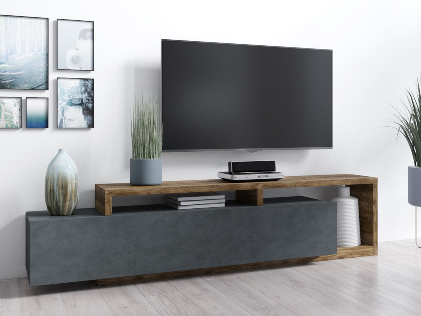 TV-Möbel Lutiva 103 (Matera grau + Fichte dunkel)