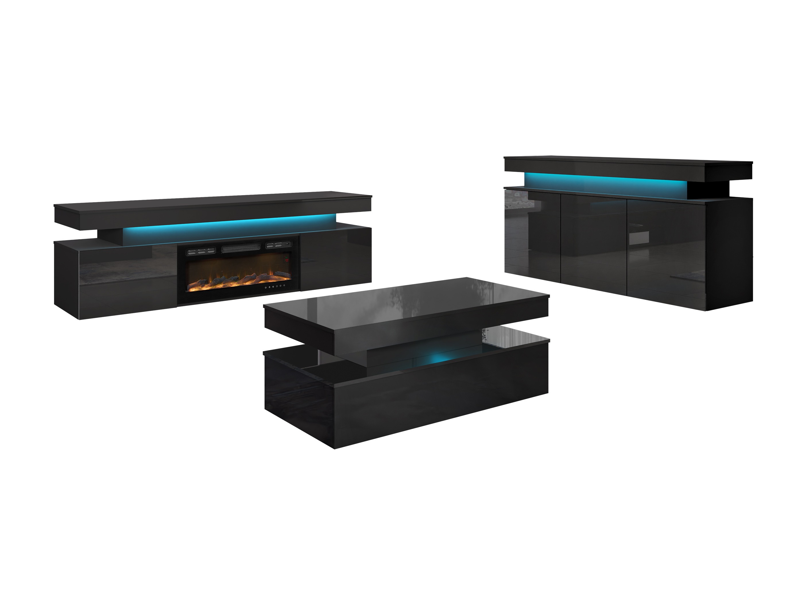 Wohnzimmer-Sets Monfero I (Schwarz + Schwarz glänzend)