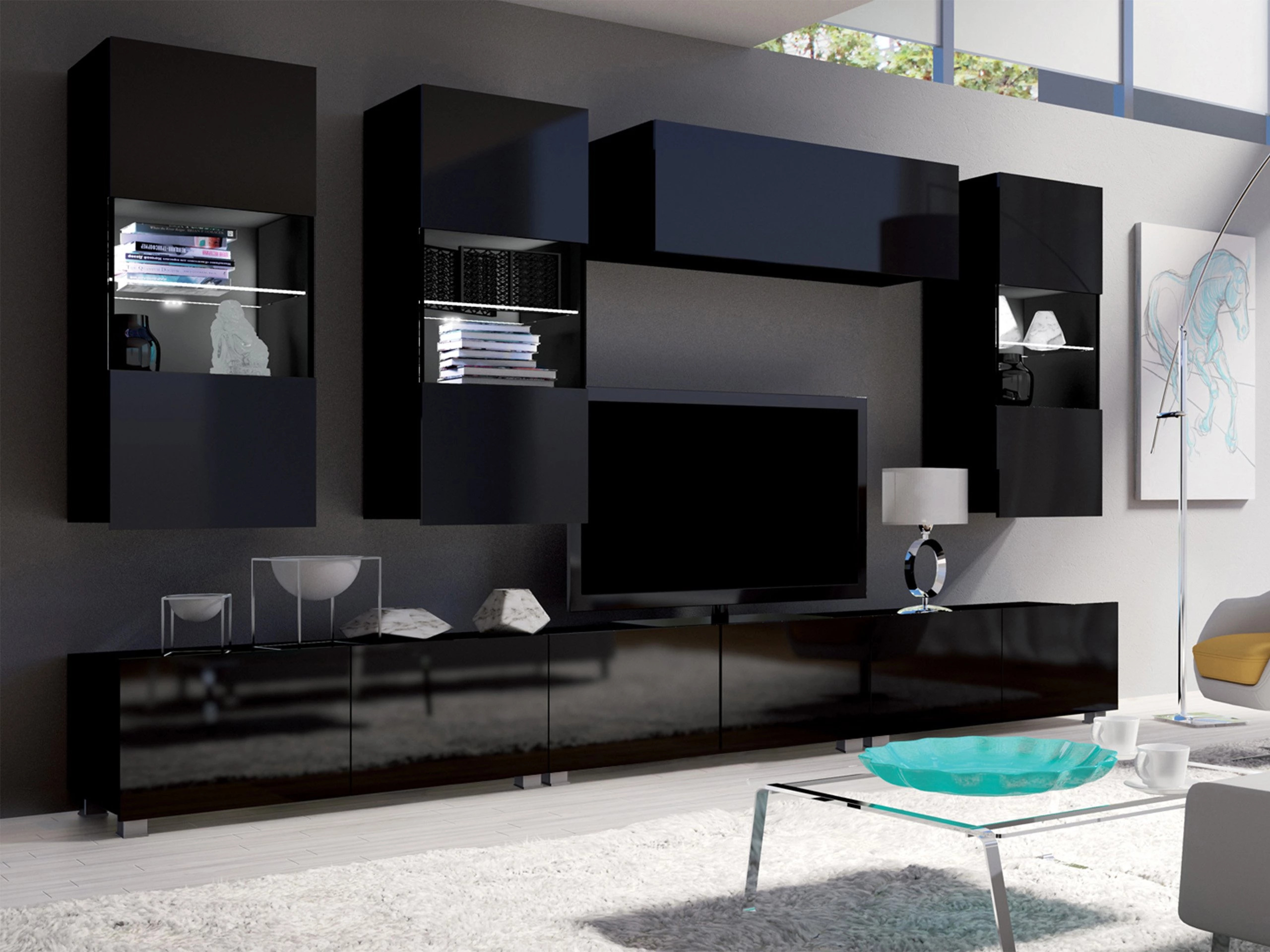 Hängeschrank Remus I (Schwarz + Schwarz glänzend)