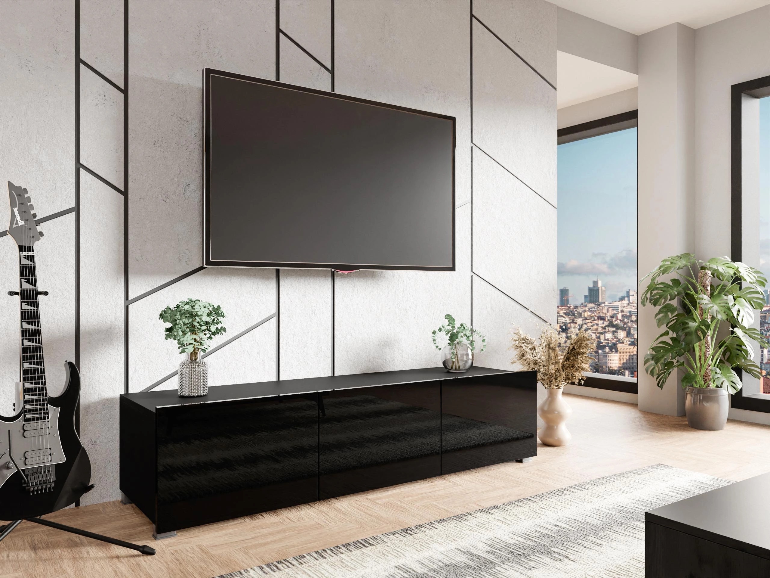 TV-Möbel Remus (Schwarz + Schwarz glänzend)