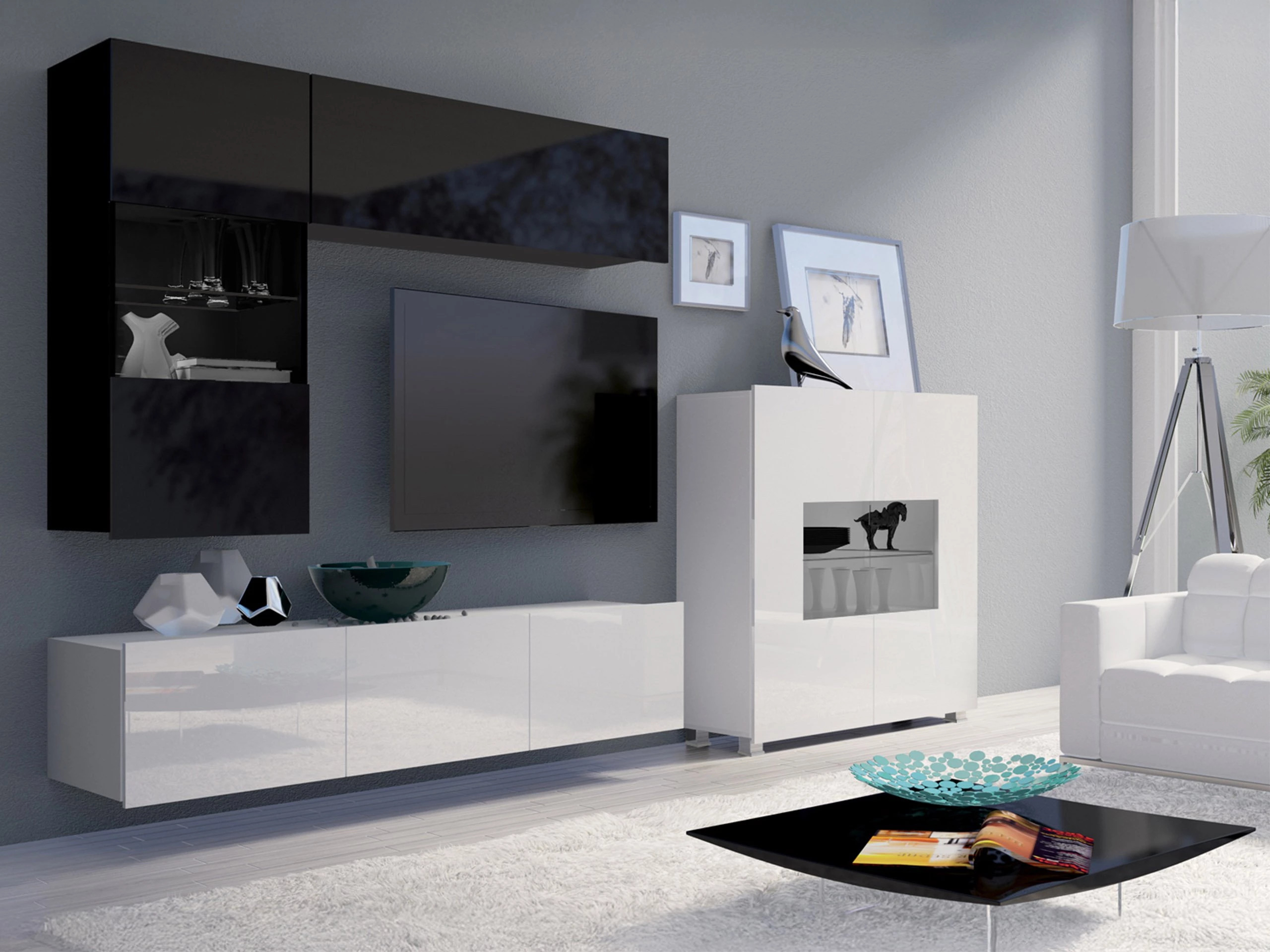 Wohnzimmer-Sets Remus III (Schwarz + Schwarz glänzend + Weiß + Weiß glänzend)